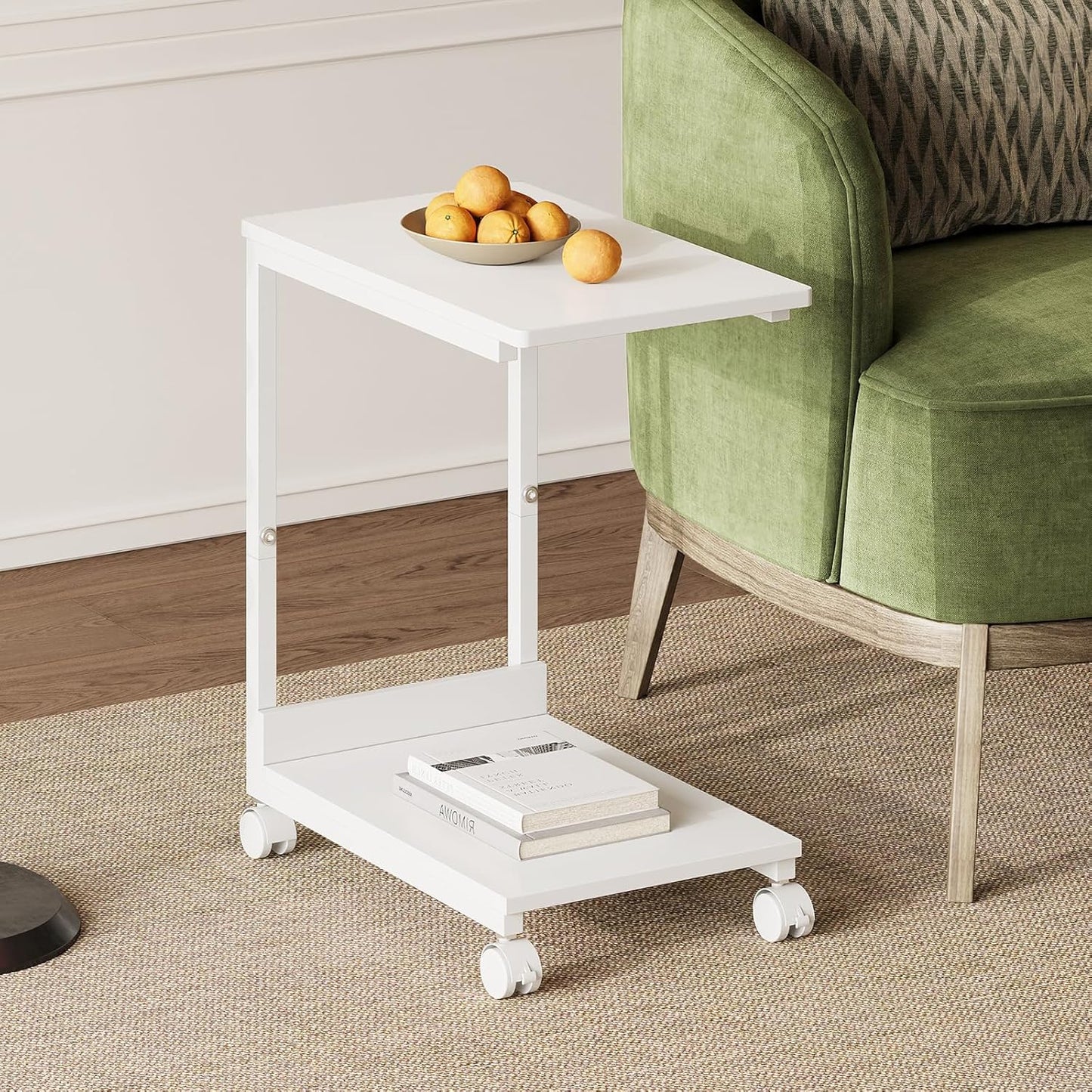 Side Table,C Table with 2-Tier Storage Shelf, End Table TV Tray with Metal Frame, Sofa Table with Wheels for Living Room, Bedroom, Office, Bathroom, Easy Assembly, White
