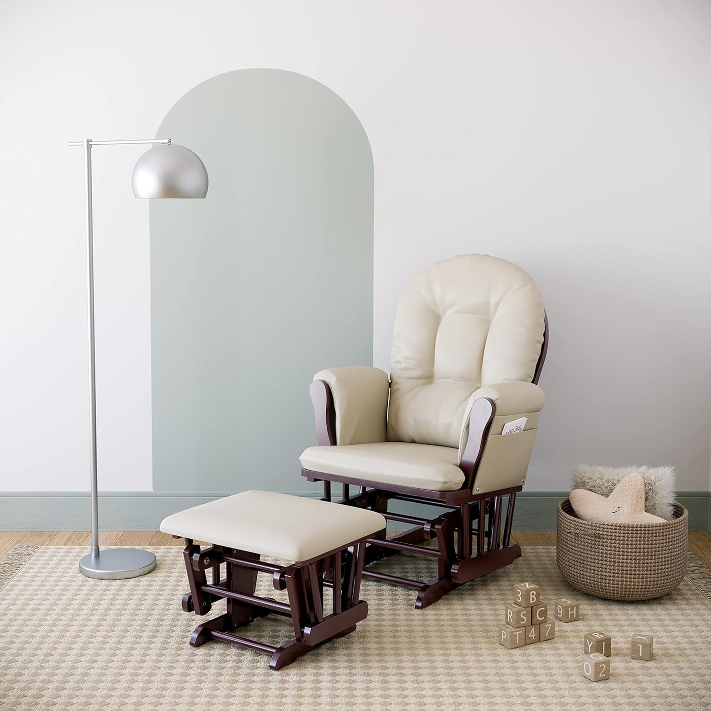 Storkcraft Premium Hoop Glider & Ottoman (Espresso with Beige) — GREENGUARD Gold Certified, Solid Wood Craftsmanship, Convenient Storage Pockets, Smooth-Gliding Chair for Nursery, Multi-Award-Winning