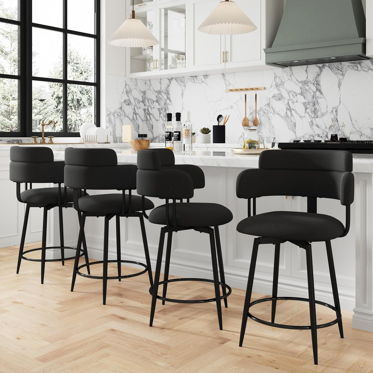 Swivel Bar Stools Set of 2, Counter Height Bar Stools with Ergonomic Full Back, Upholstered Linen Fabric Barstools with Chrome Metal Footrest for Kitchen Island, Dining Room