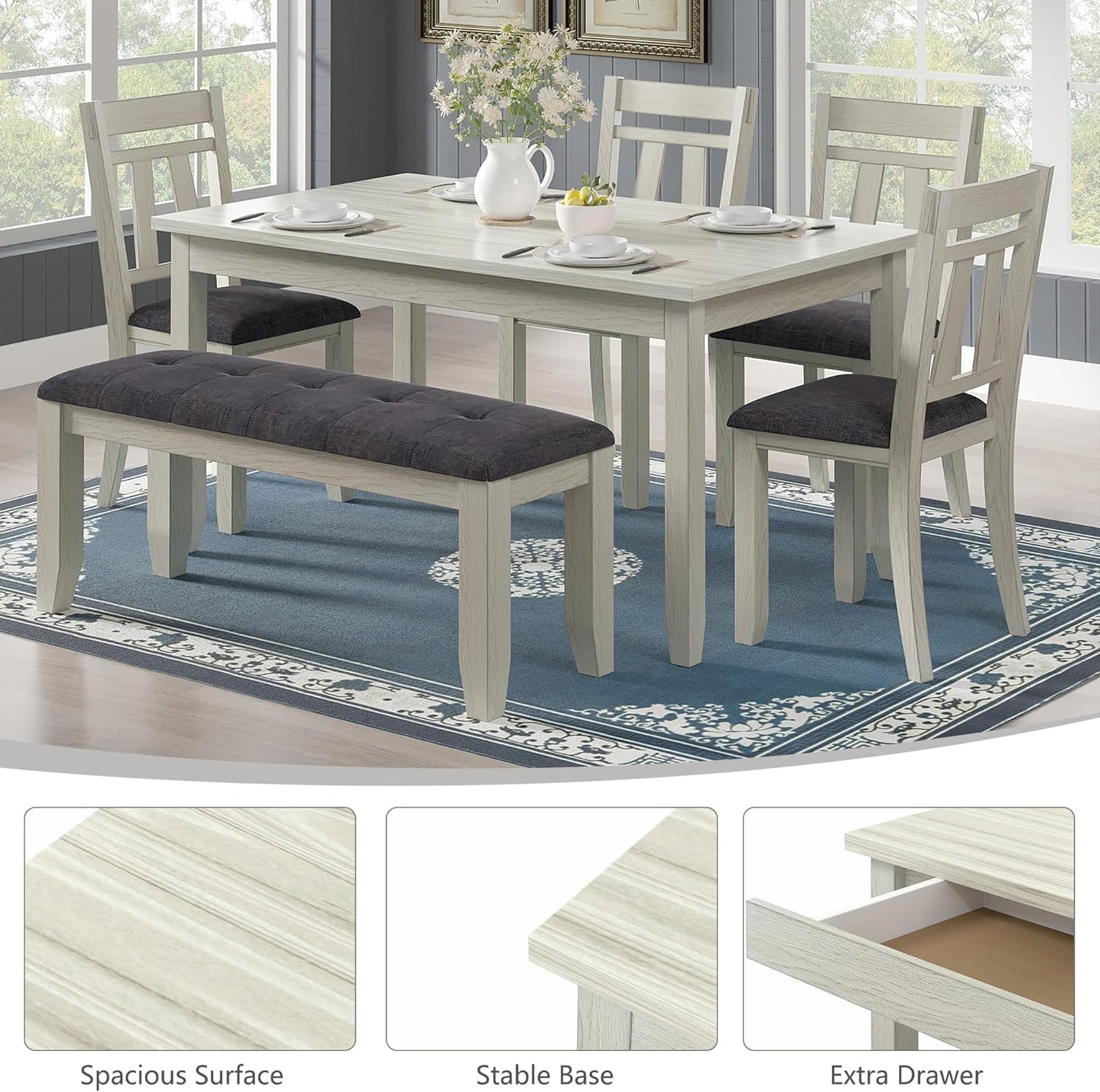 6-Piece Solid Wood Dining Table Set for 6, Modern Breakfast Dinette Kitchen Table with Bench & Chairs for Dining Room, Kitchen, Grey