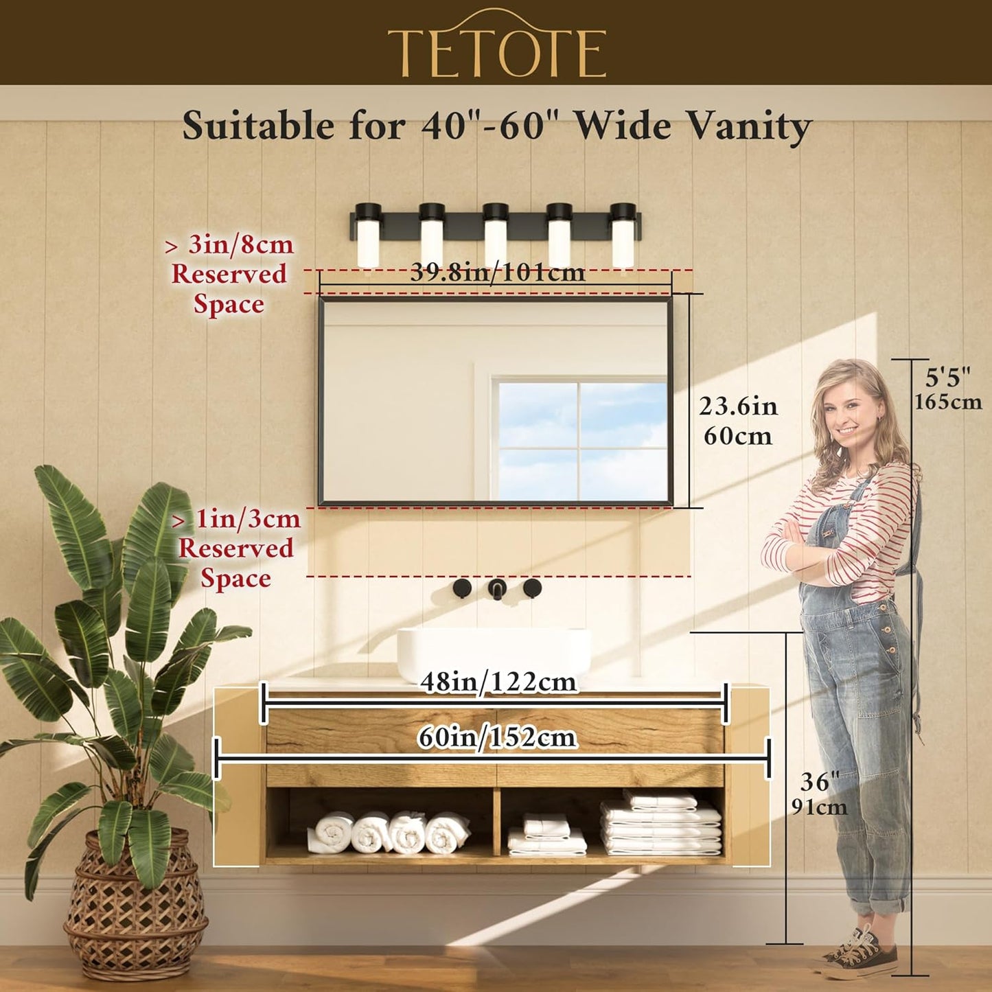 TETOTE Brushed Gold Vanity Mirror for Bathroom 40" x 24" Brushed Brass Rectangle Beveled Framed Bathroom Wall Mirror for Over Sink, Tempered Glass, Modern Farmhouse Bedroom, Entryway, Living Room