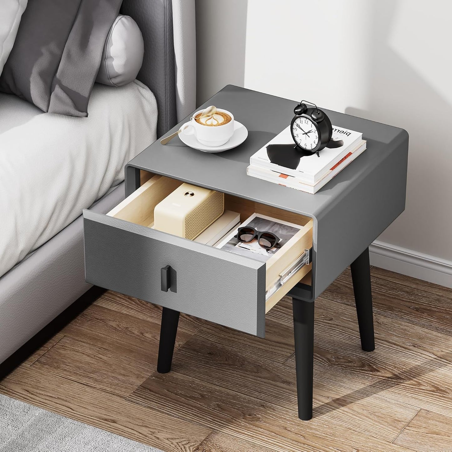 VICITON Modern Faux Leather Nightstand, Solid Wood Drawer, with 4 Wood Legs, Small Side End Table for Bedroom (Light Gray)