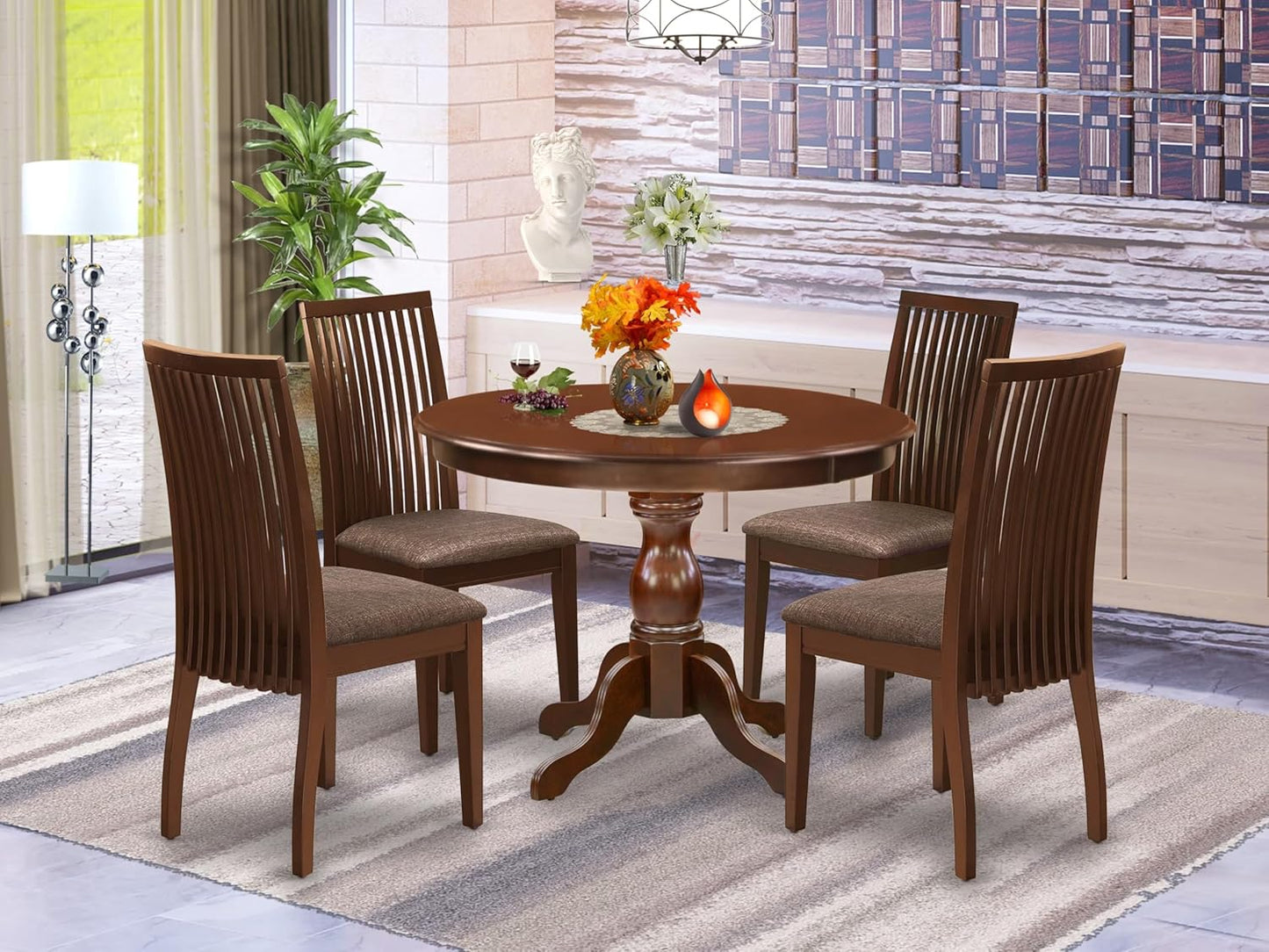 East West Furniture HBIP5-MAH-C 5 Piece Dinette Set for 4 Includes a Round Dining Room Table with Pedestal and 4 Linen Fabric Upholstered Dining Chairs, 42x42 Inch, Mahogany