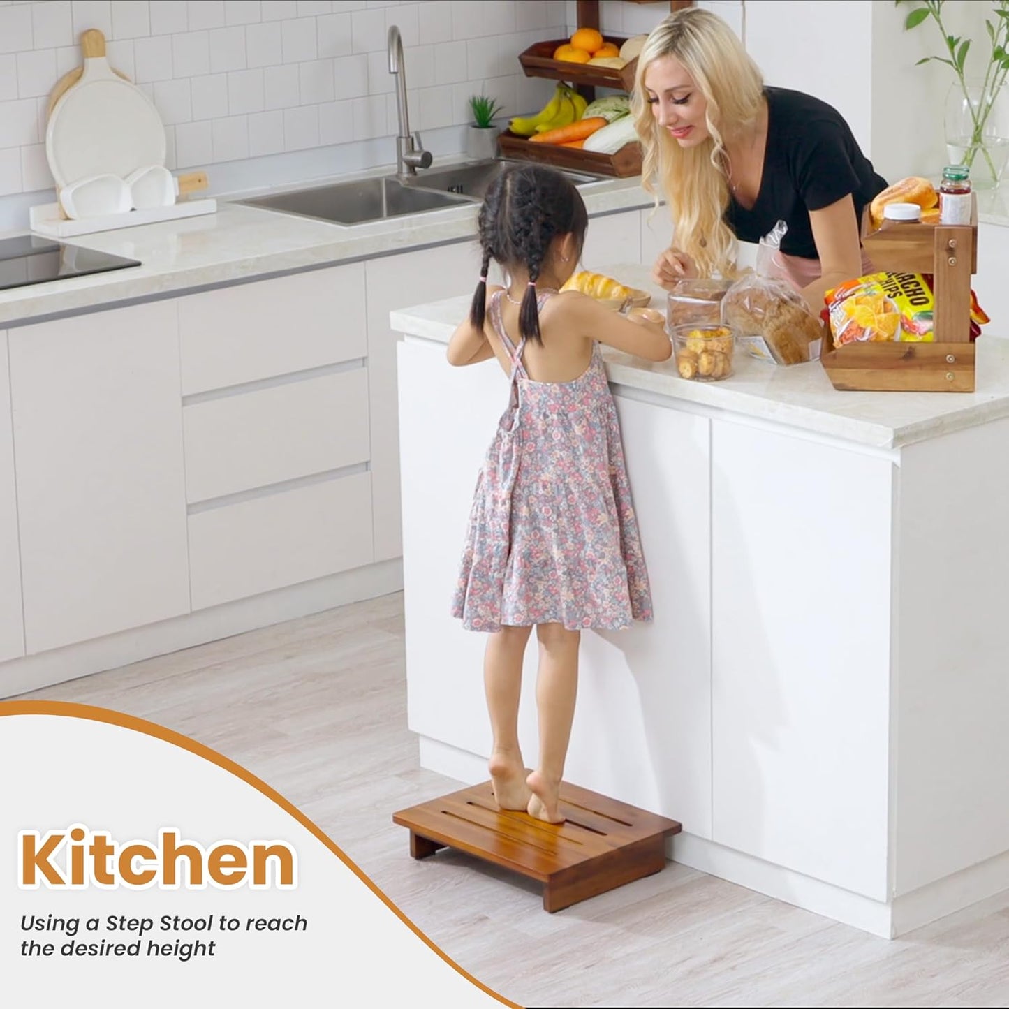 Holana 3.5in Height Wooden Step Stool for Adults (Fully Assembled) - 200 Lbs One Step Stools for High Bed Riser - Small Stepping Stool for Elderly, Seniors, Kid/Bathroom, Bed, Kitchen (Acacia Wood)