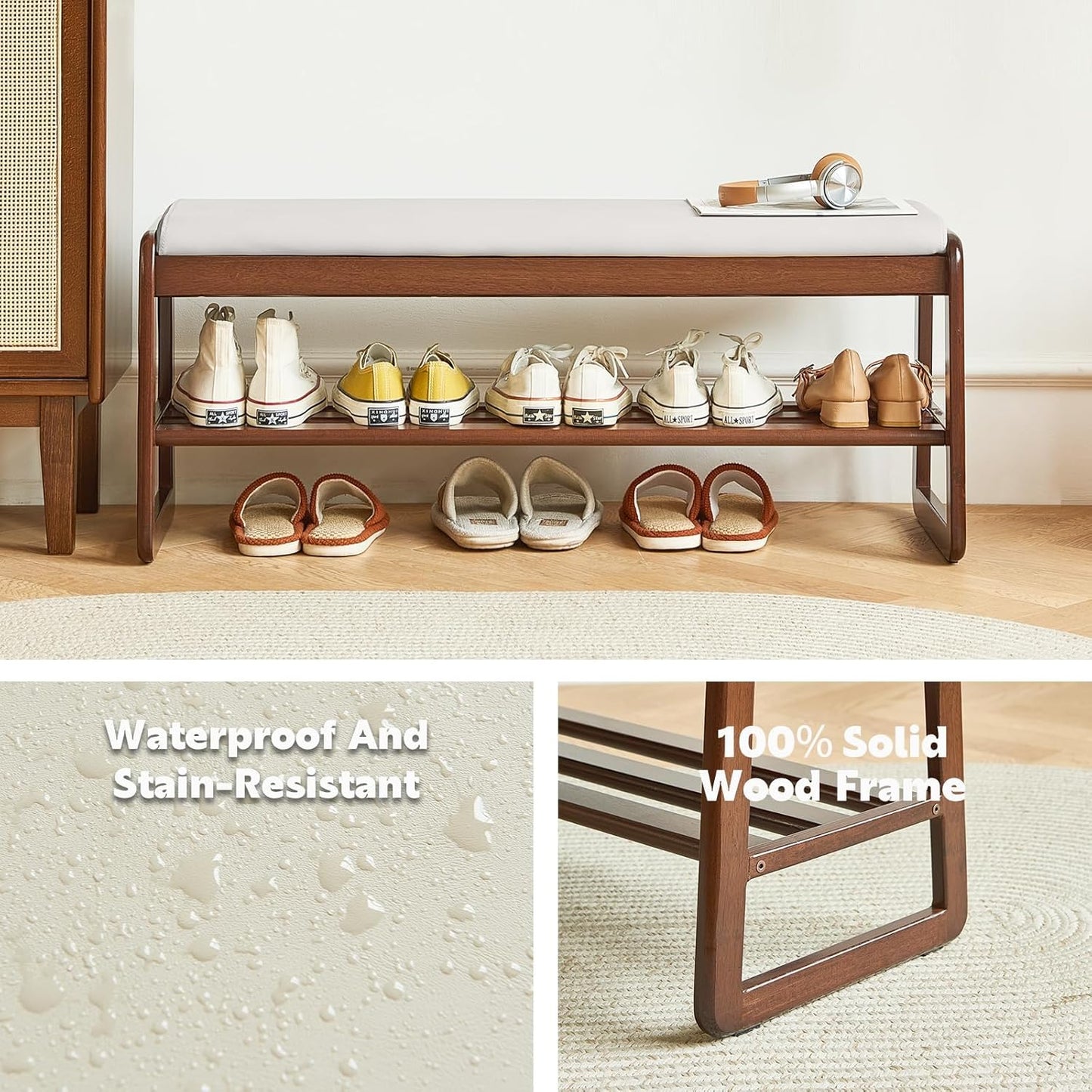 Solid Wood Shoe Bench, 2-Tier Wooden Storage Entryway Bench, Small Entryway Bench, Mid-Century Modern Bedside Bench with Faux Leather Cushion for Dining Room Living Room, Cream Grey 21.65''