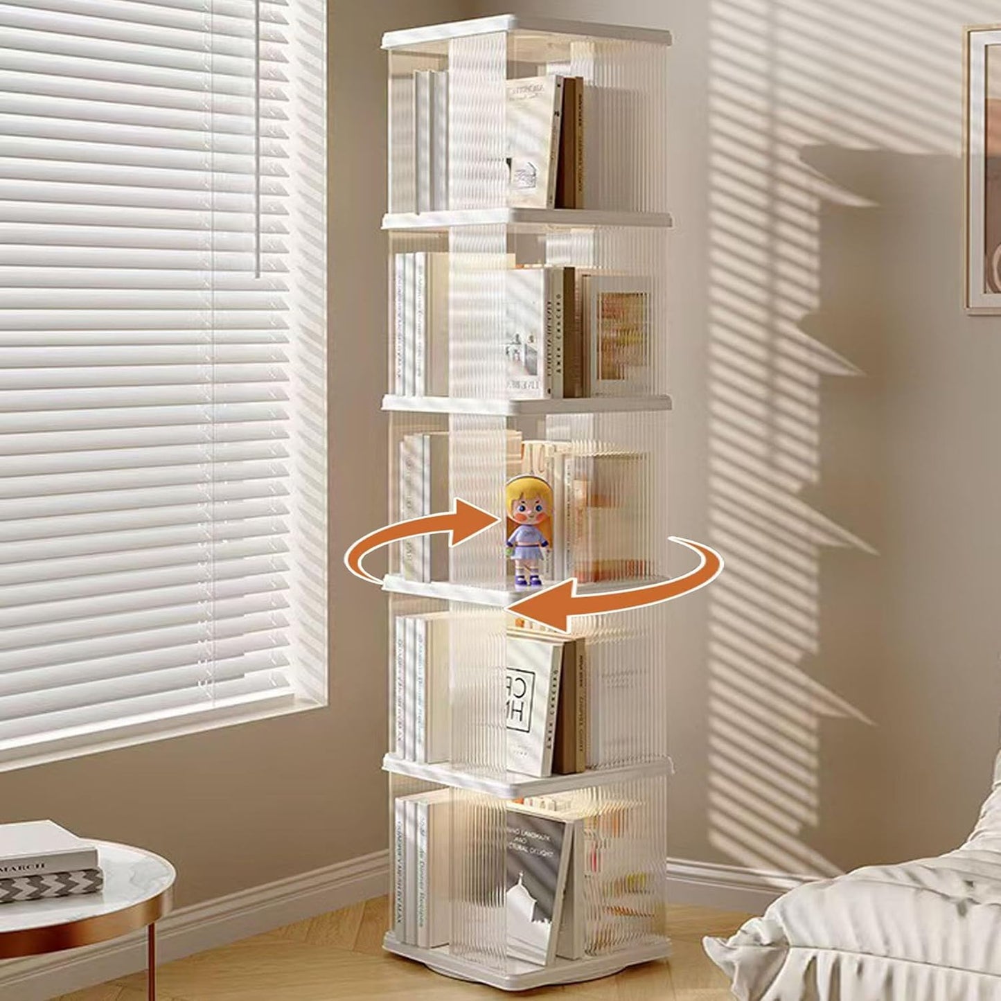 Rotating Bookshelf Tower,360° Rotating Bookshelf,66 inch High Small Space Revolving Bookcase, Suitable for Spinning Bookshelf Tower in Home and Office (White, 5 Tier, 14x14x66)