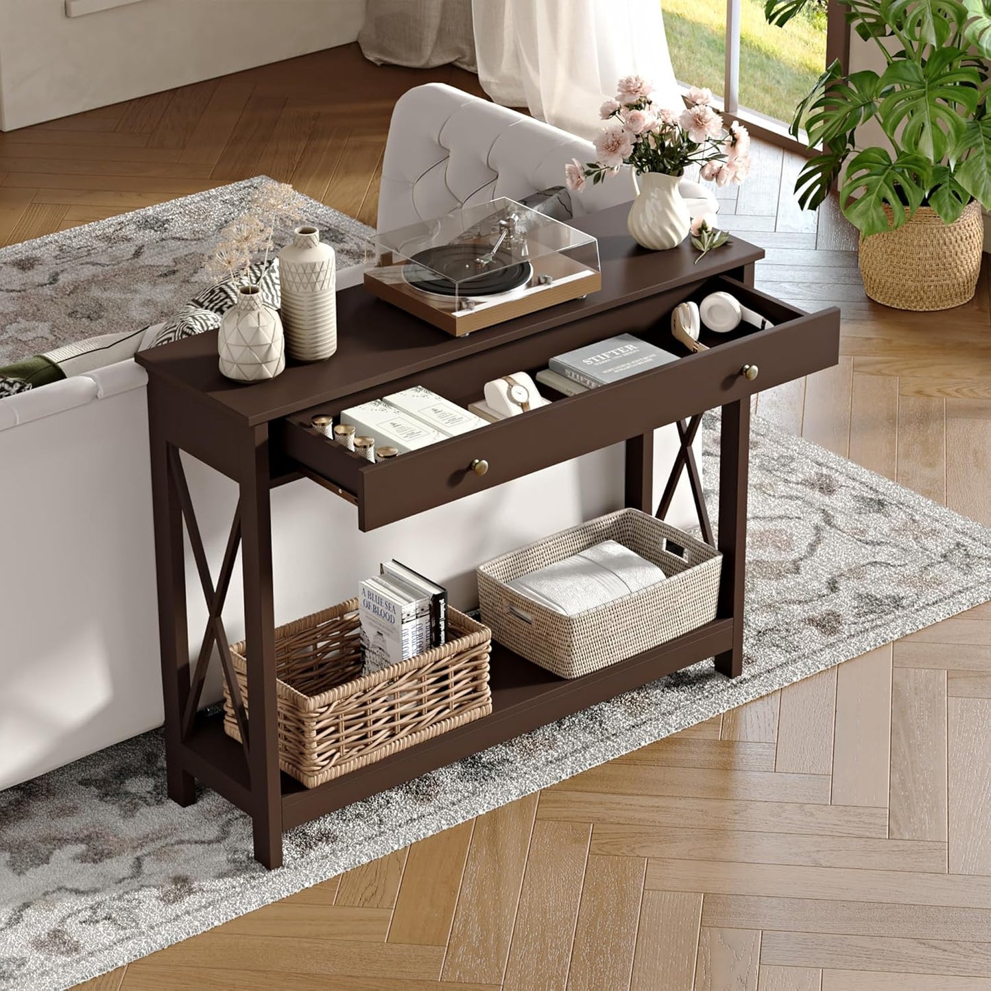 Treocho Black Console Table with Drawer and Storage Shelves, Foyer Sofa Table Narrow for Entryway, Living Room, Hallway