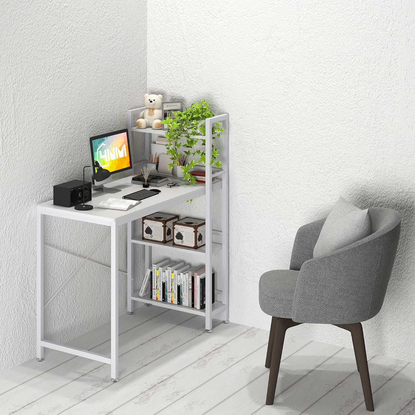4NM 35" Small Computer Desk with 4-Tier Bookshelf, Home Office Desk Writing Workstation Study Table Multipurpose for Small Space Work - All White