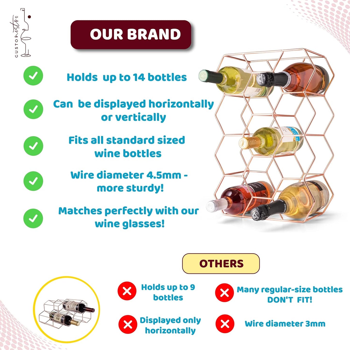 Gusto Nostro Countertop Wine Rack - 14 Bottle Freestanding Modern Metal Wine Rack - 3 Tier Tabletop Wine Holder Stand for Cabinet, Pantry Wine Bottle Storage - No Assembly Required (Small, Rose Gold)