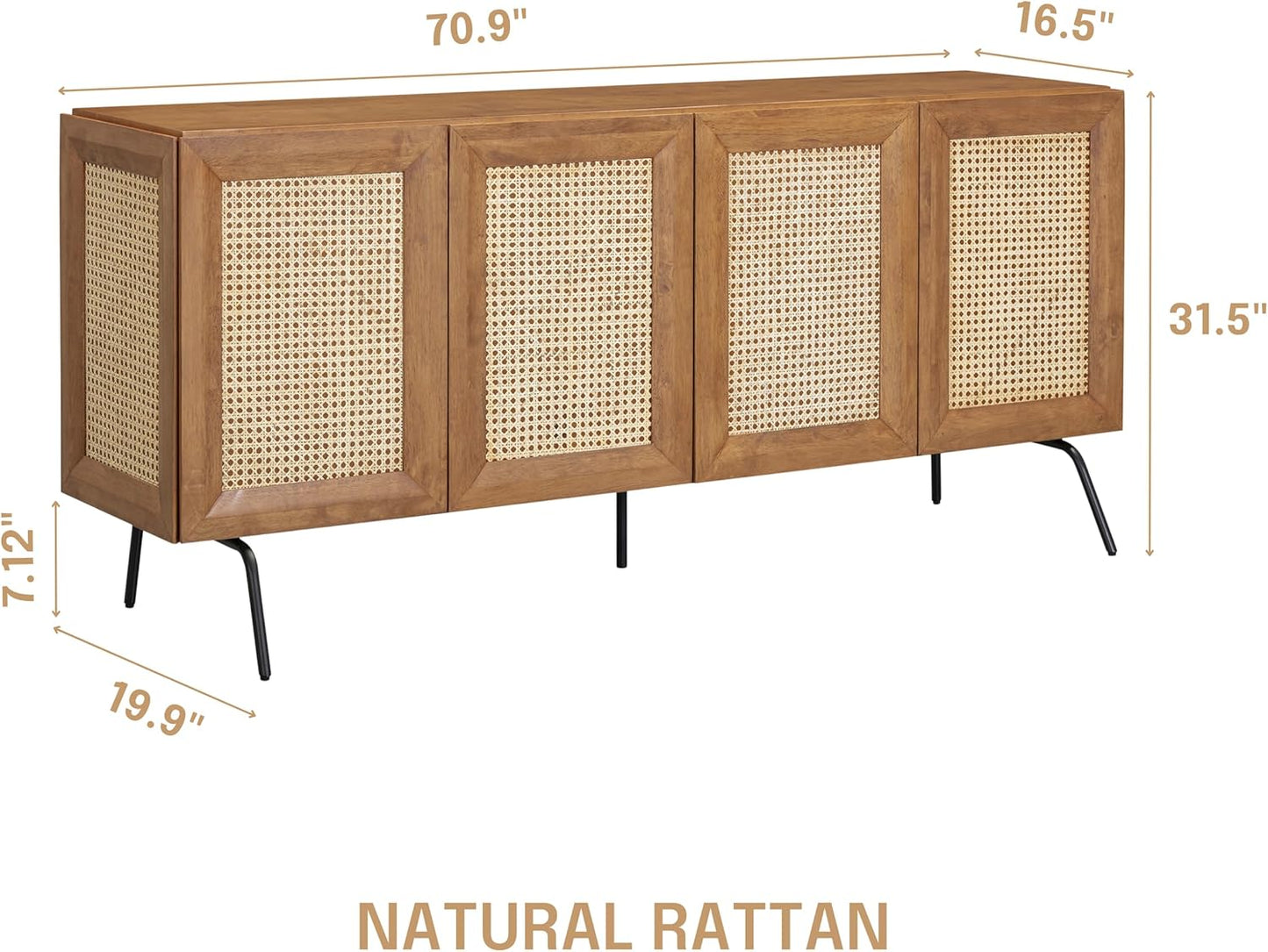 NTC MOSSIC Modern Sideboard with 4 Doors, Natural Rattan Storage Cabinet, Buffet with Metal Legs, Boho Accent Cabinet for Living Room, and Entryway, Effortless Assembly, Teak Look
