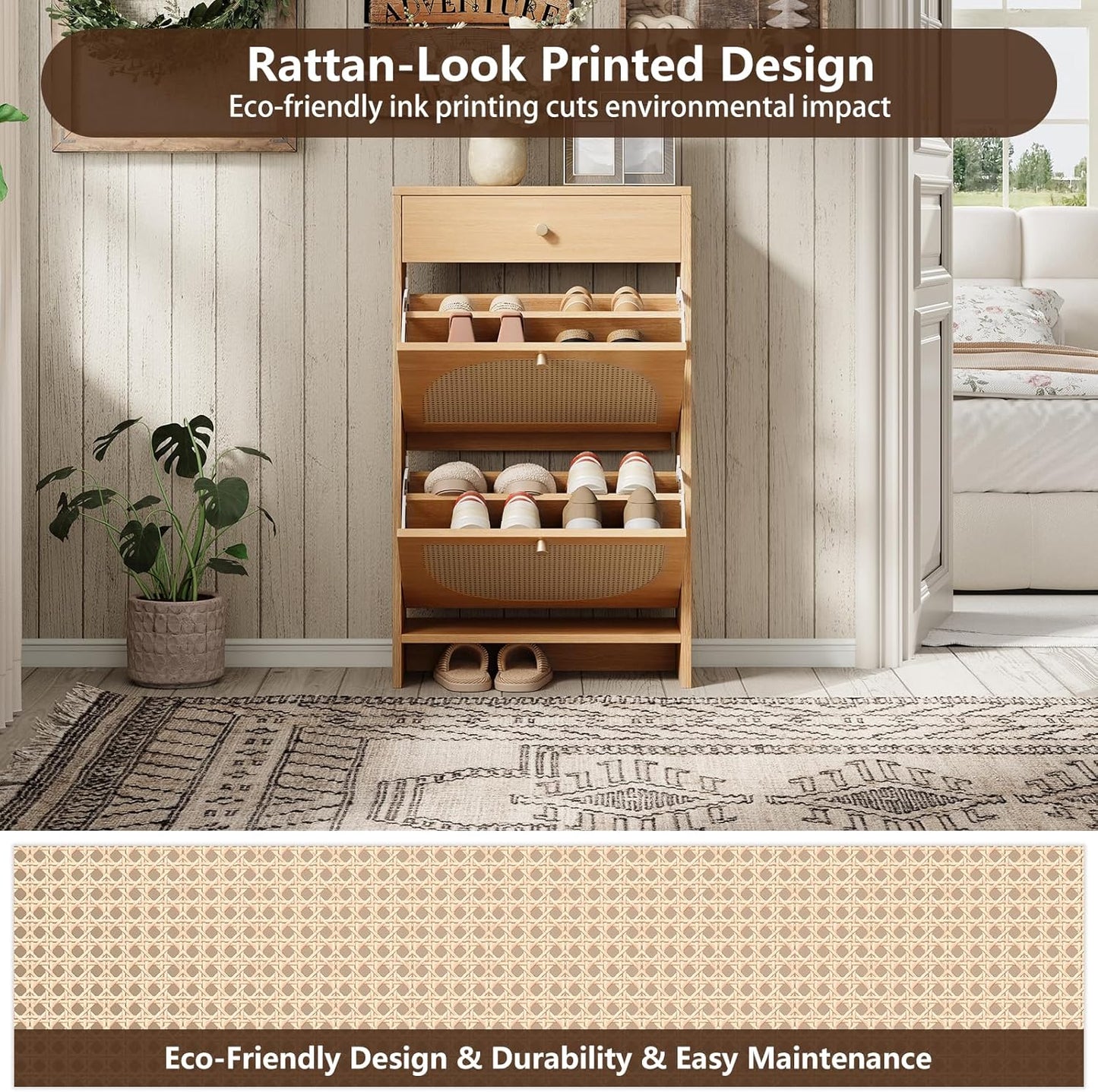 Nicetree Shoe Storage Organizer with 2 Flip Drawers and 1 Drawer, Freestanding Fluted Accent Narrow Shoe Rack, Farmhouse Shoe Cabinet with 3-Tier Adjustable Shelves for Hallway Foyer Rustic