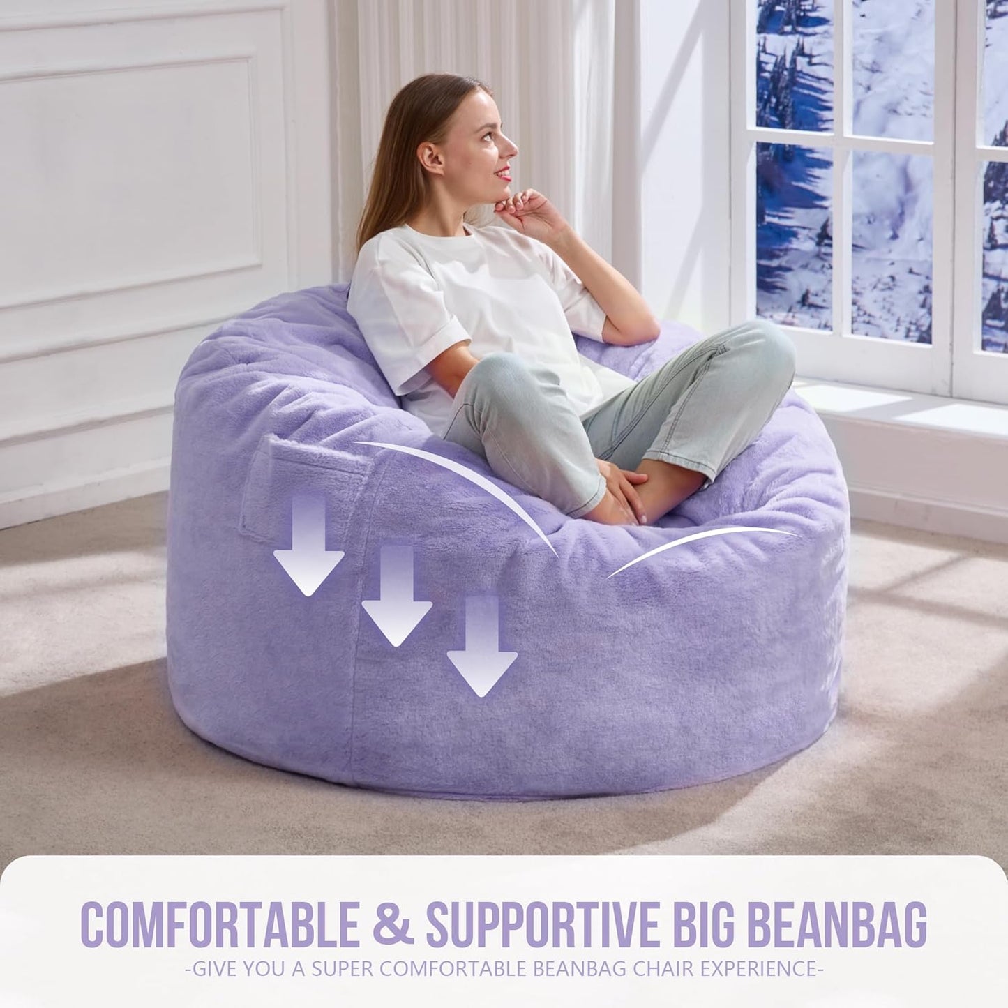Hobestluk 3FT Bean Bag Chairs for Adults Large Beanbag Chair with Plush Faux Fur Cover Big Bean Bag Chair for Living Room Bedroom Dorm Office -Purple (36” x 36” x 22”)