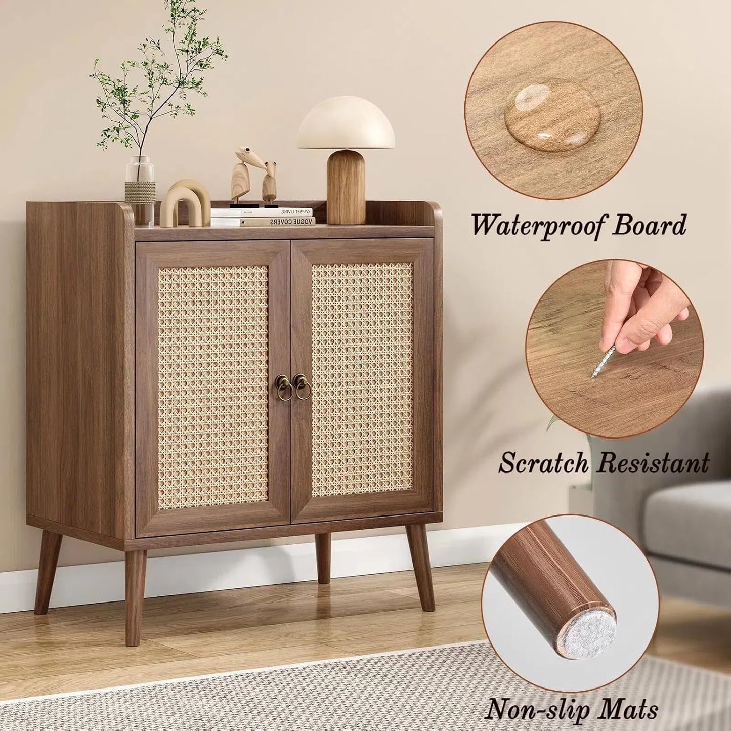 Buffet Cabinet, Rattan Storage Cabinet with Round Pull Rings, Sideboard with Ample Storage, Bar Liquor Shelf with 2 Doors for Living Room, Hallway, Light Brown