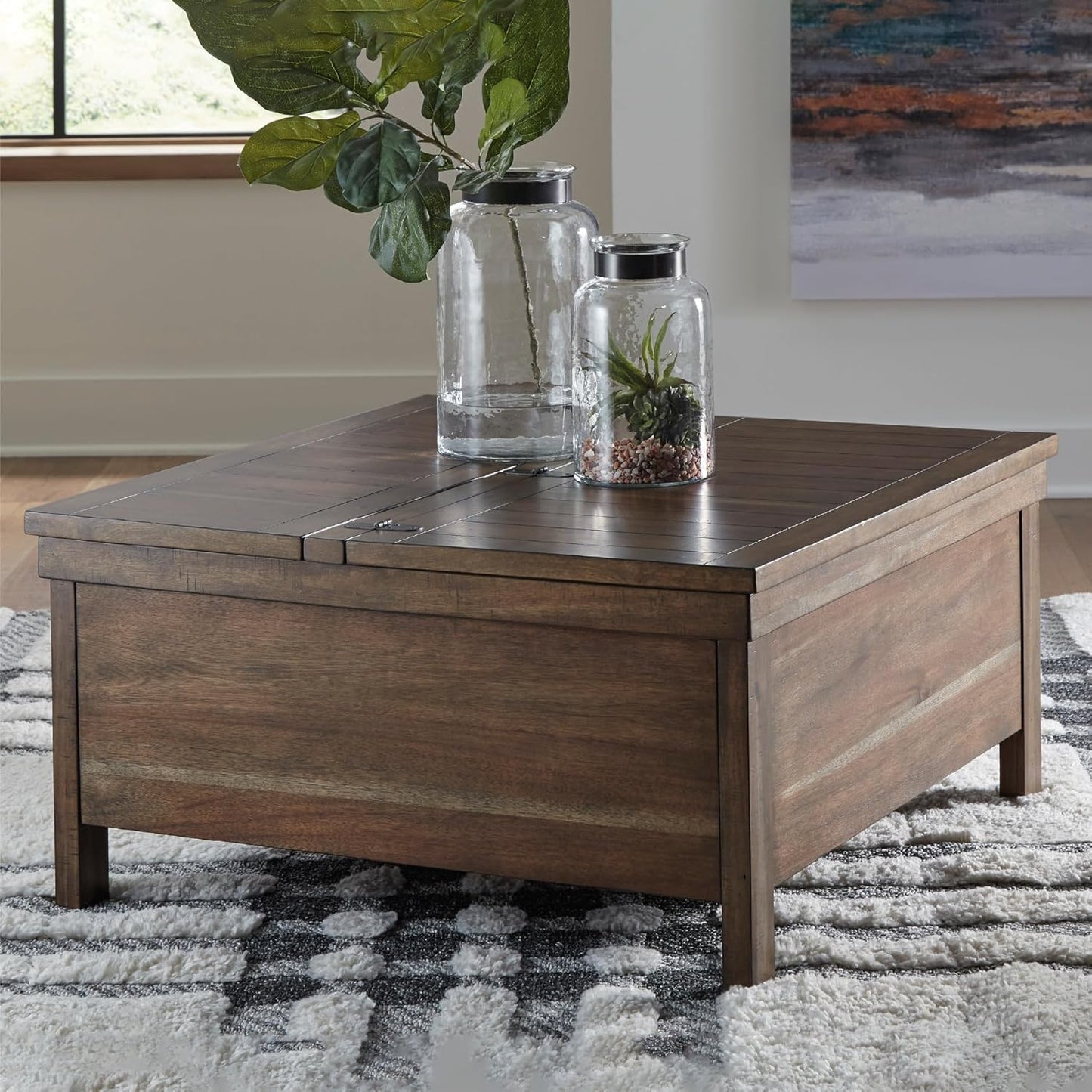 Signature Design by Ashley Moriville Rustic Hinged and Lift Top Cocktail Table with Hidden Storage, Light Brown