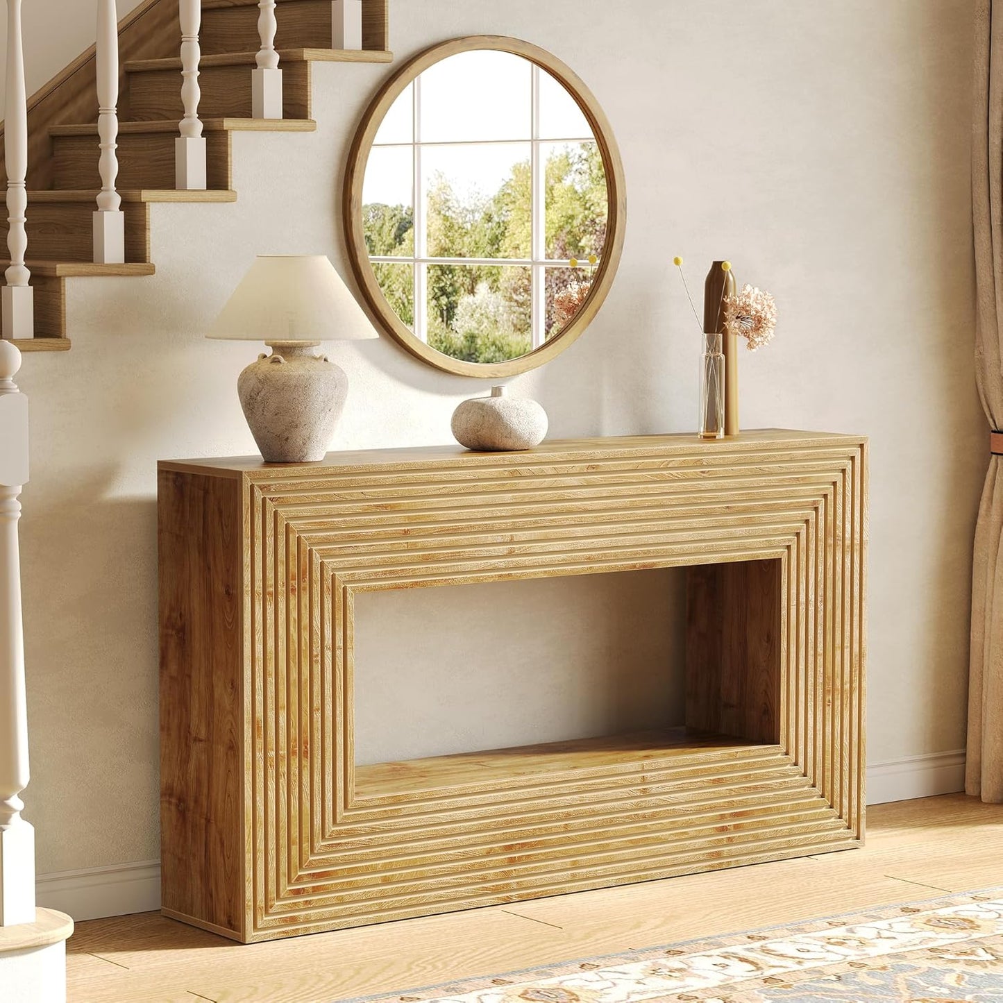 LITTLE TREE 59-Inch Console Table with Storage, 2-Tier Farmhouse Fluted Sofa Table Behind Couch, Large Narrow Entryway Furniture for Living Room, Foyer (Light Walnut)