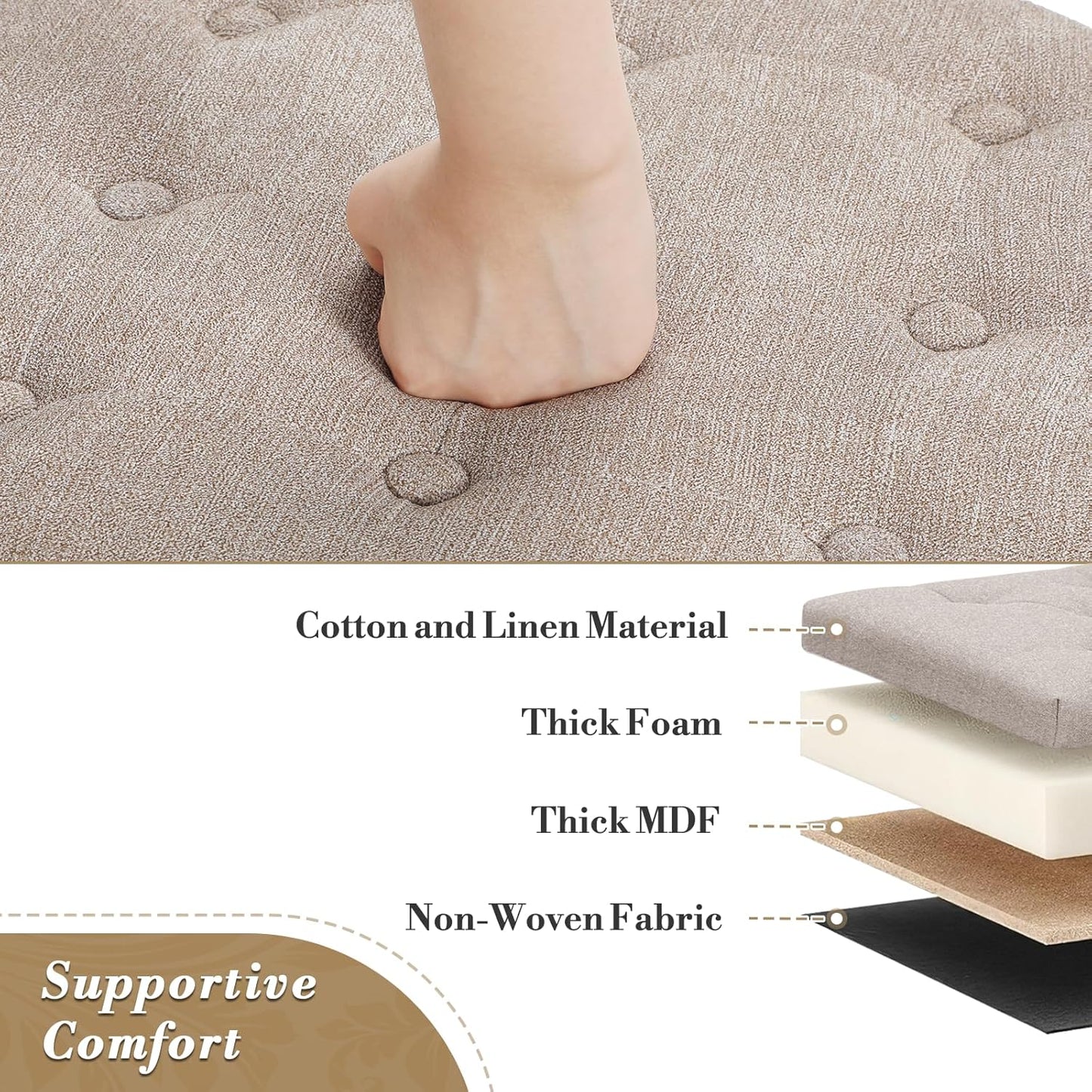 Athena Collection 15 Inch Small Ottoman with Storage, Round Linen Fabric Storage Ottoman Foot Rest with Removable Lid, Multipurpose Footstool Footrest for Living Room, Bedroom, Dorm, Khaki