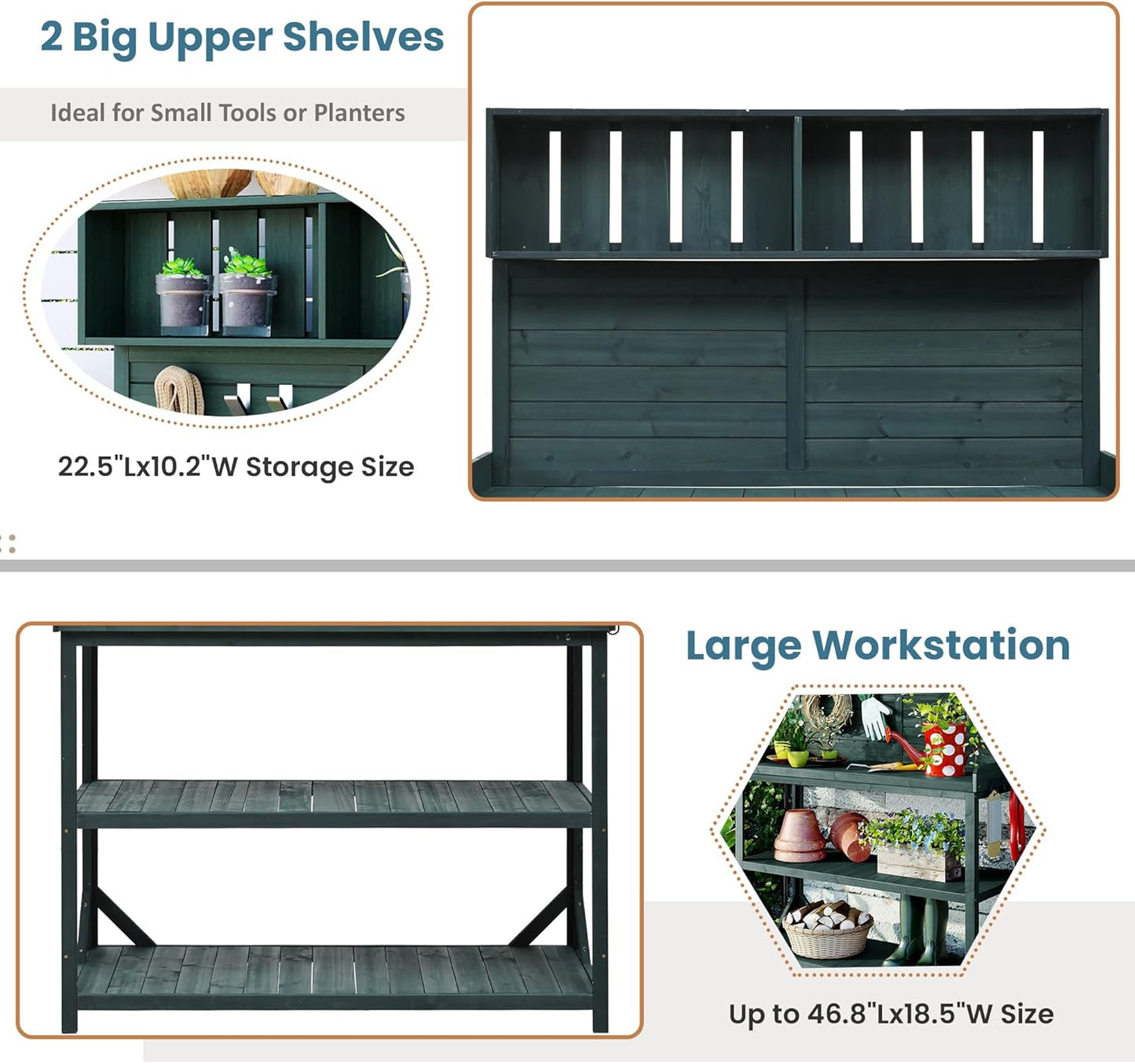 Merax 65" Large Wooden Farmhouse Rustic Outdoor Potting Bench Table with 4 Storage Shelves and Side Hook, Patio Workstation, for Garden, Backyard, Forest Green