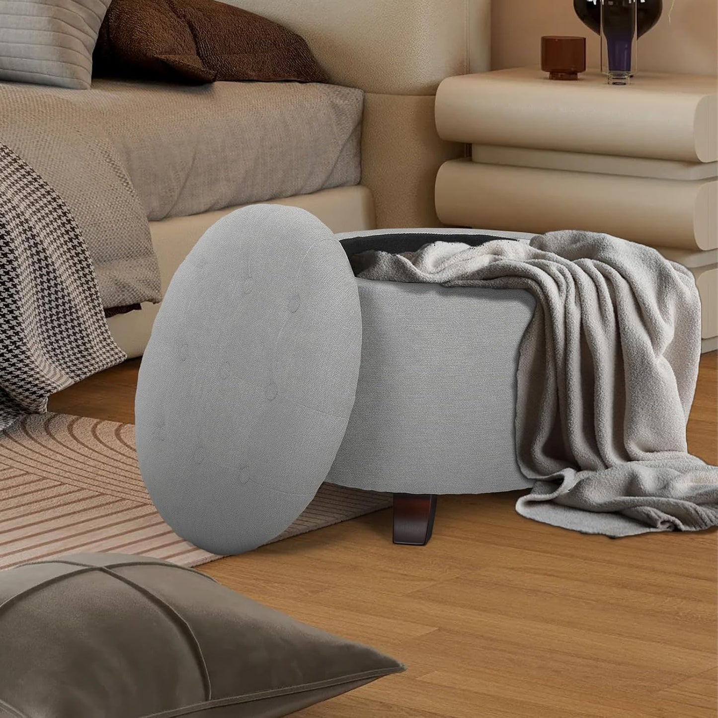 Athena Collection 20 Inch Small Ottoman with Storage, Round Linen Fabric Storage Ottoman with Removable Lid, Stylish Footstool Foot Rest for Living Room, Bedroom, Dorm, Grey