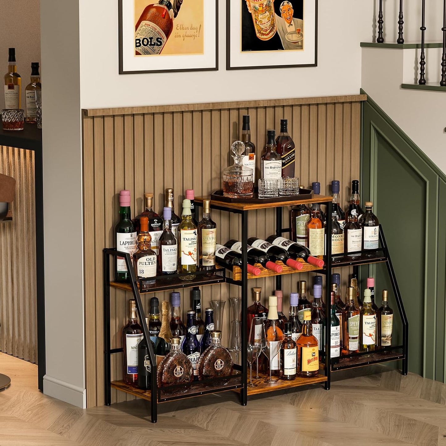 Liquor Cabinet with Fences, Wine Rack Freestanding Floor, 4 Tier Trapezoidal Bar Stand, Expanded Capacity Bar Cabinet for Liquor & Wine Storage
