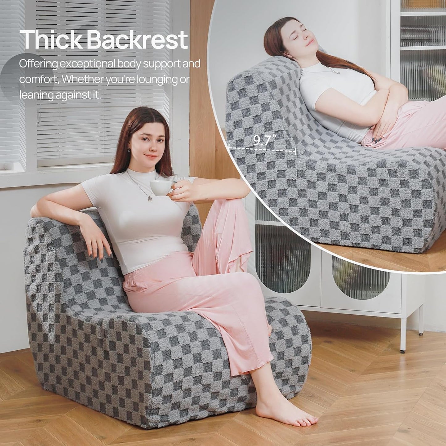 Giant Bean Bag Chair for Adults with Ottoman, Teddy Fabric Beanbag Chair with Memory Foam Filled,Plush Lazy Floor Sofa with Footstool Couch for Living Room,Bedroom,Dorm, Apartment, Grey