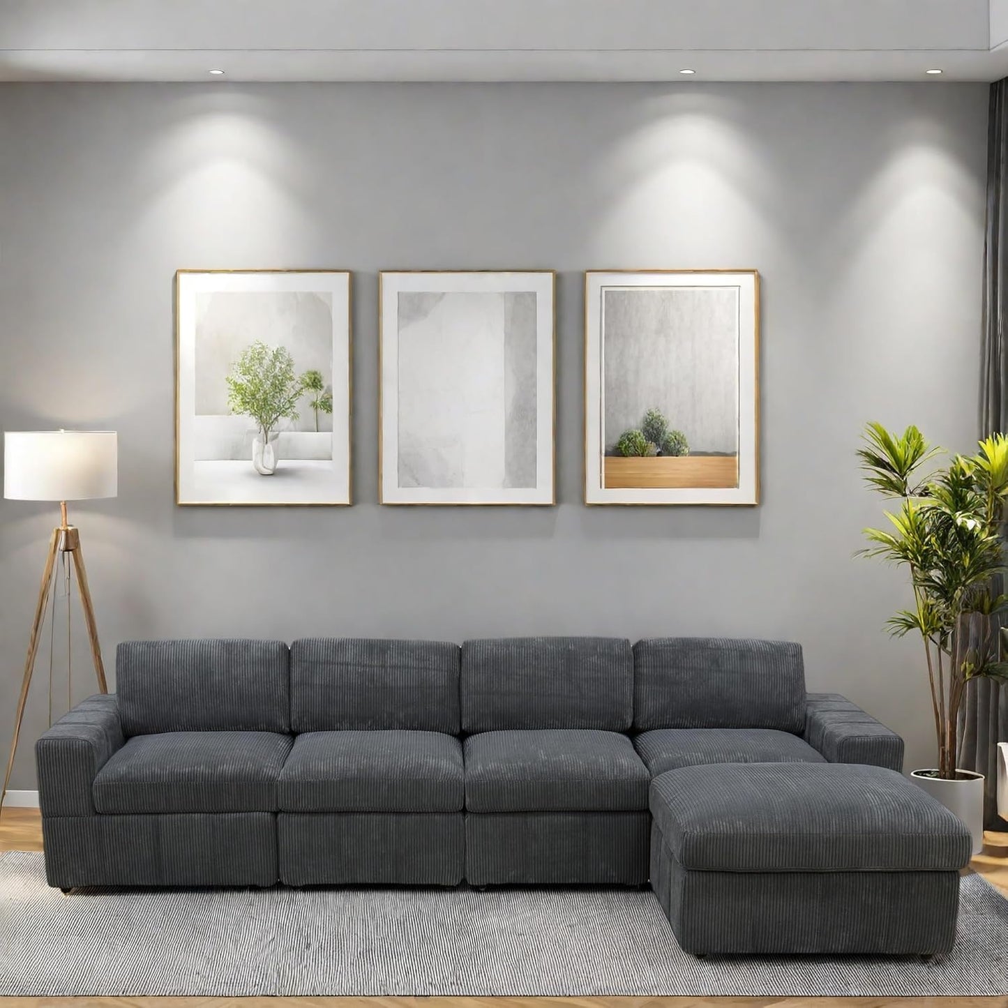 L Shaped Sectional Couches for Living Room, Modular Sectional Couch with Ottoman & Chaise, Modern Lounge Living Room Furniture Sofa for Adults, Dark Grey