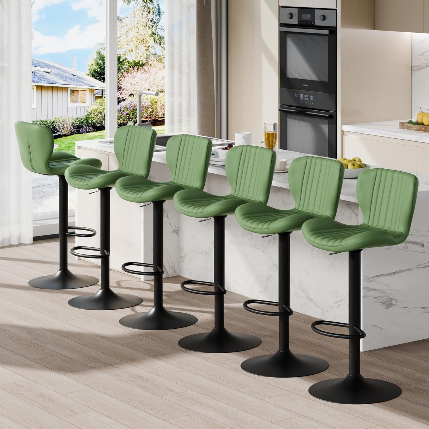 Shintenchi Bar Stools Set of 6 Modern Swivel Bar Chairs, Counter Height Faux Leather Metal Barstools, Upholstered Island Chairs with Back and Footrest, Green