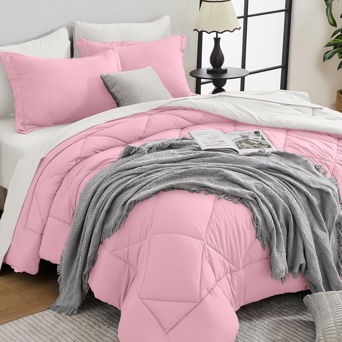 HEVUMYI Full Comforter Set - 7-Piece All Season Bed in a Bag Full, Ultra Soft Bedding Set with Comforter, Flat Sheet, Fitted Sheet, Pillowcases, Pillow Shams, Pink & Ivory