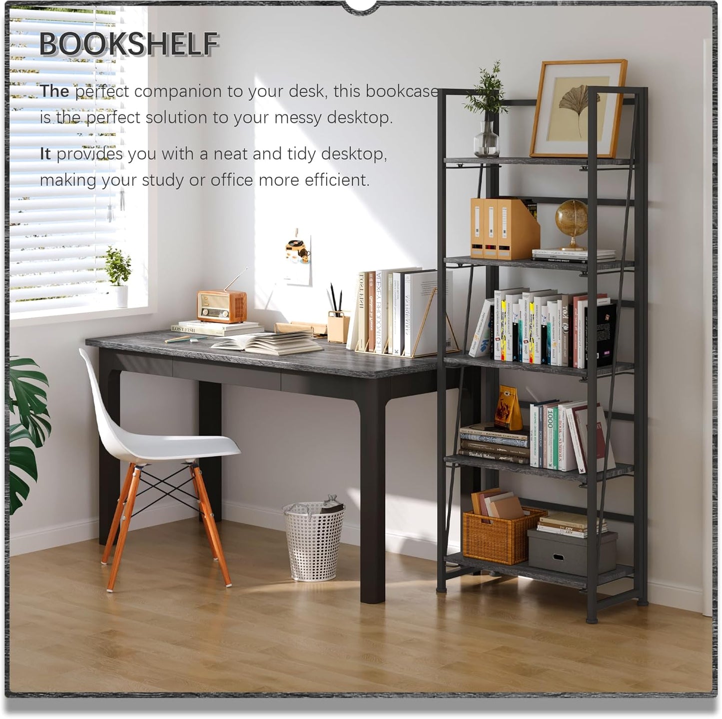4NM No Assembly Folding Bookshelf, 5-Shelf 62.2" H Collapsible Foldable Bookcase Storage for Small Spaces, Gray and Black