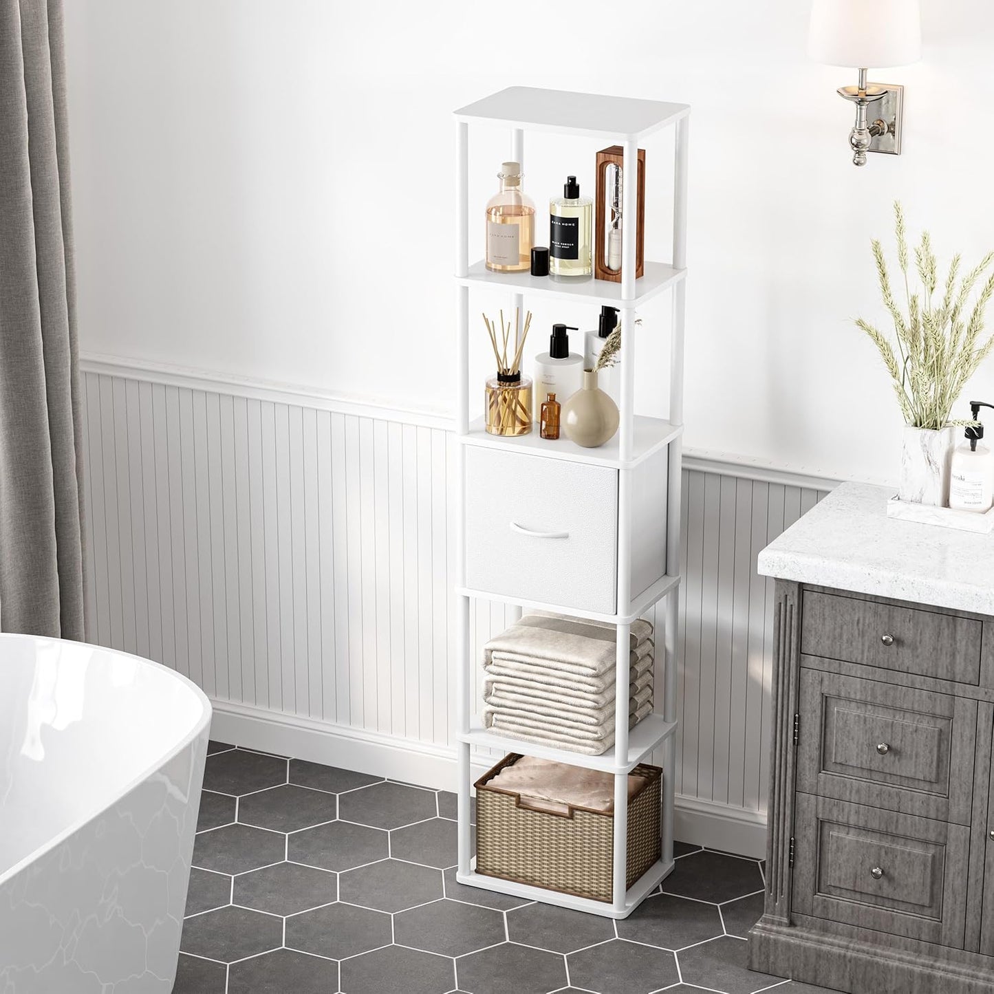 6-Tier Bookshelf with Drawer,Narrow Bookshelves Organizer,Floor Standing Ladder Shelf,Tall Bookcase for Small Space,Book shelf with Storage for Living Room, Bedroom, Office, Study White HBC505W