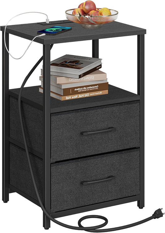 TUTOTAK End Table with Charging Station, Night Stand, Side Table with 2 USB Ports and Outlets, Nightstand with Cloth Drawer, Bedside Table for Livingroom, Bedroom Black TB01BK088