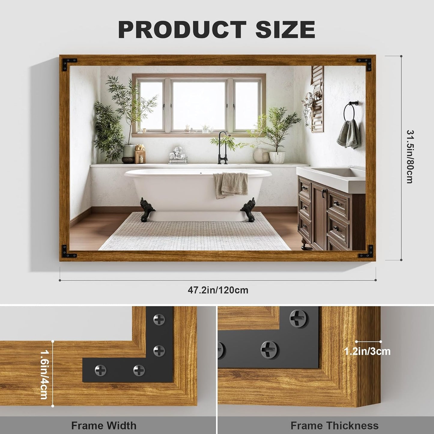 Hasipu Farmhouse Bathroom Mirror, 48"x32" Rustic Wood Framed Wall Mounted Mirror, Walnut Vintage Vanity Mirror Modern Farmhouse Style Decrative Mirrors