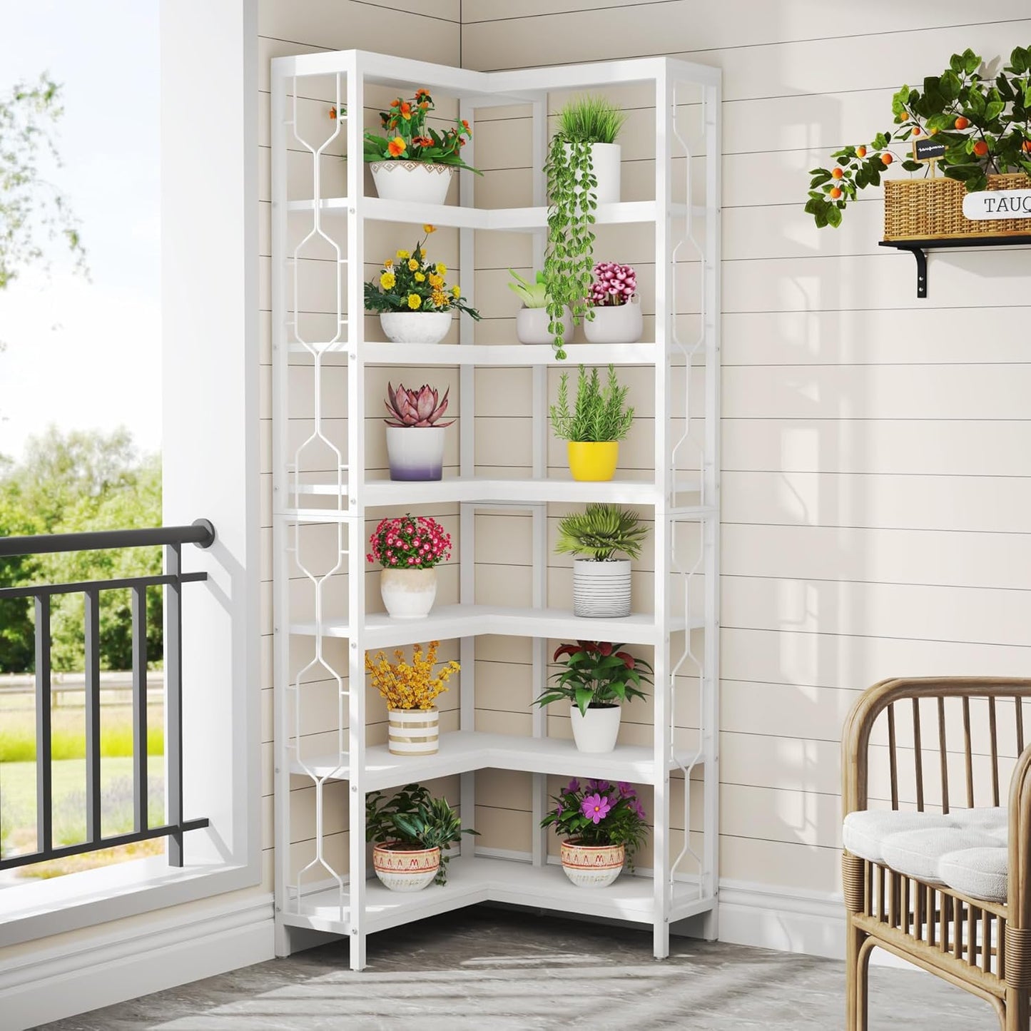 Tribesigns Corner Shelf, 7-Tier Industrial Corner Bookshelf, Wood and Metal Corner Etagere Bookcase, Freestanding Display Shelf for Living Room, Kitchen, Home Office, White