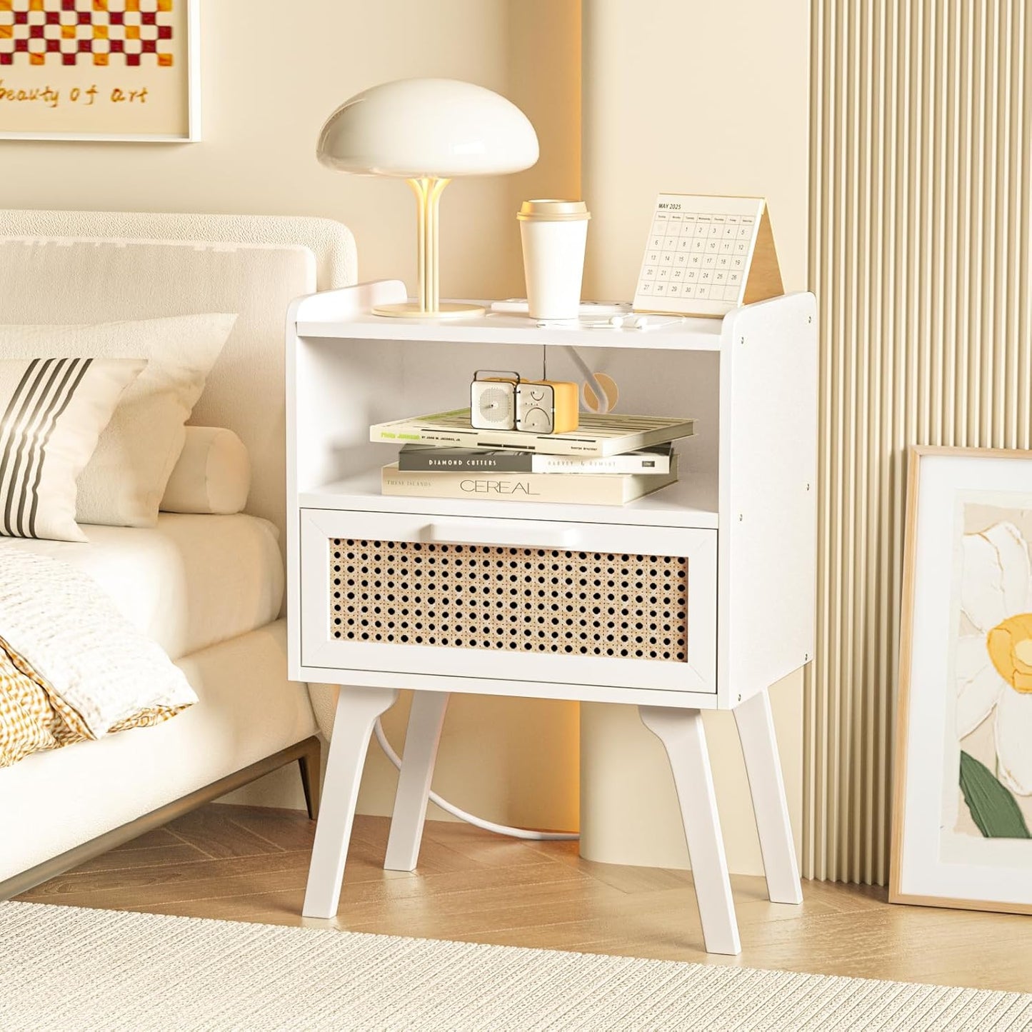 Lerliuo Rattan Nightstand with Charging Station, White Bedside Table with Drawer Open Shelf, Cane Accent Side End Table with Solid Wood Legs, Night Stand for Bedroom, Dorm and Small Spaces