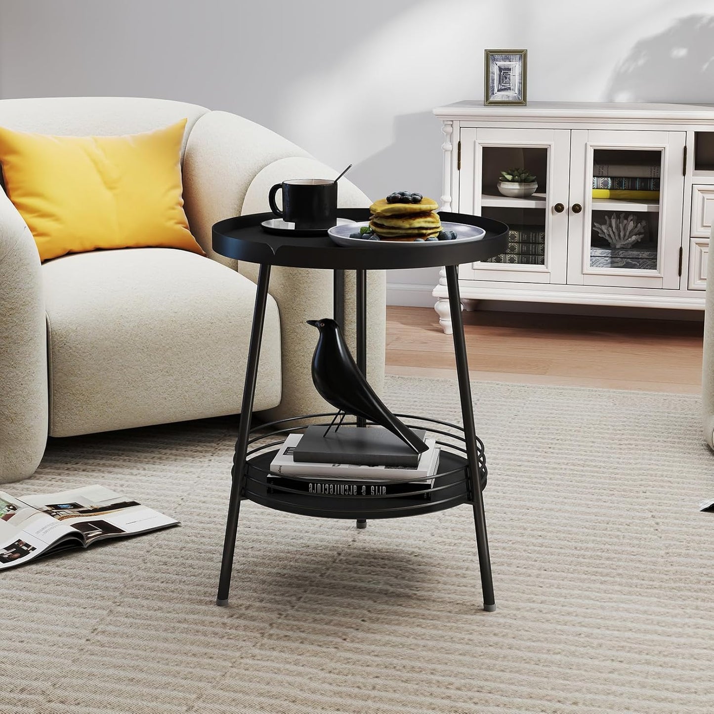 Benkyo 2 Tier Black Metal Round Side Table Tiered Two Shelf Storage Coffee Sofa End Table for Living Room and Bedroom,Black