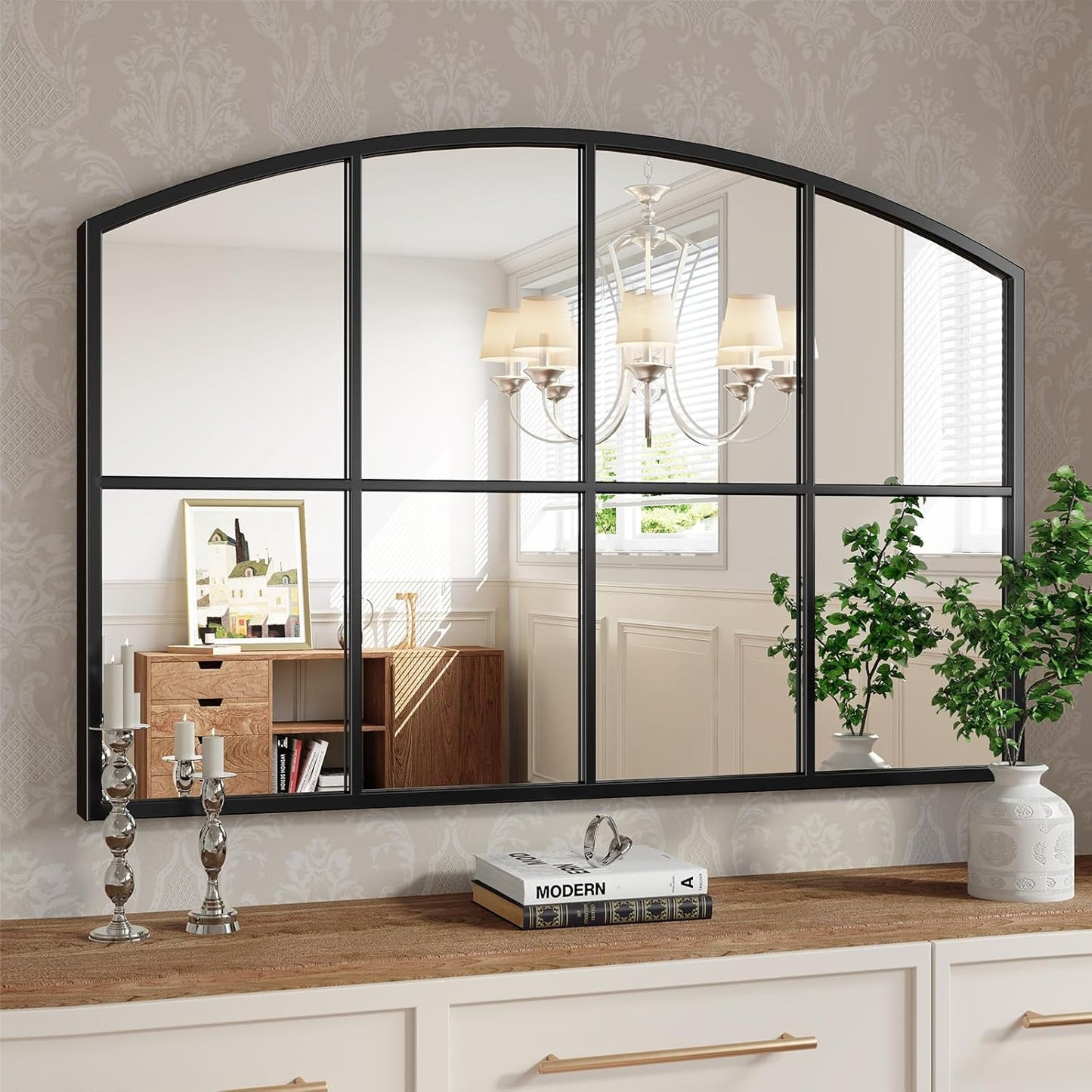 Window Pane Black Mirror, 36" x 24" Farmhouse Arched Window Mirror, Large Grid Mirror for Living Room Bedroom Fireplace Hallway Entryway