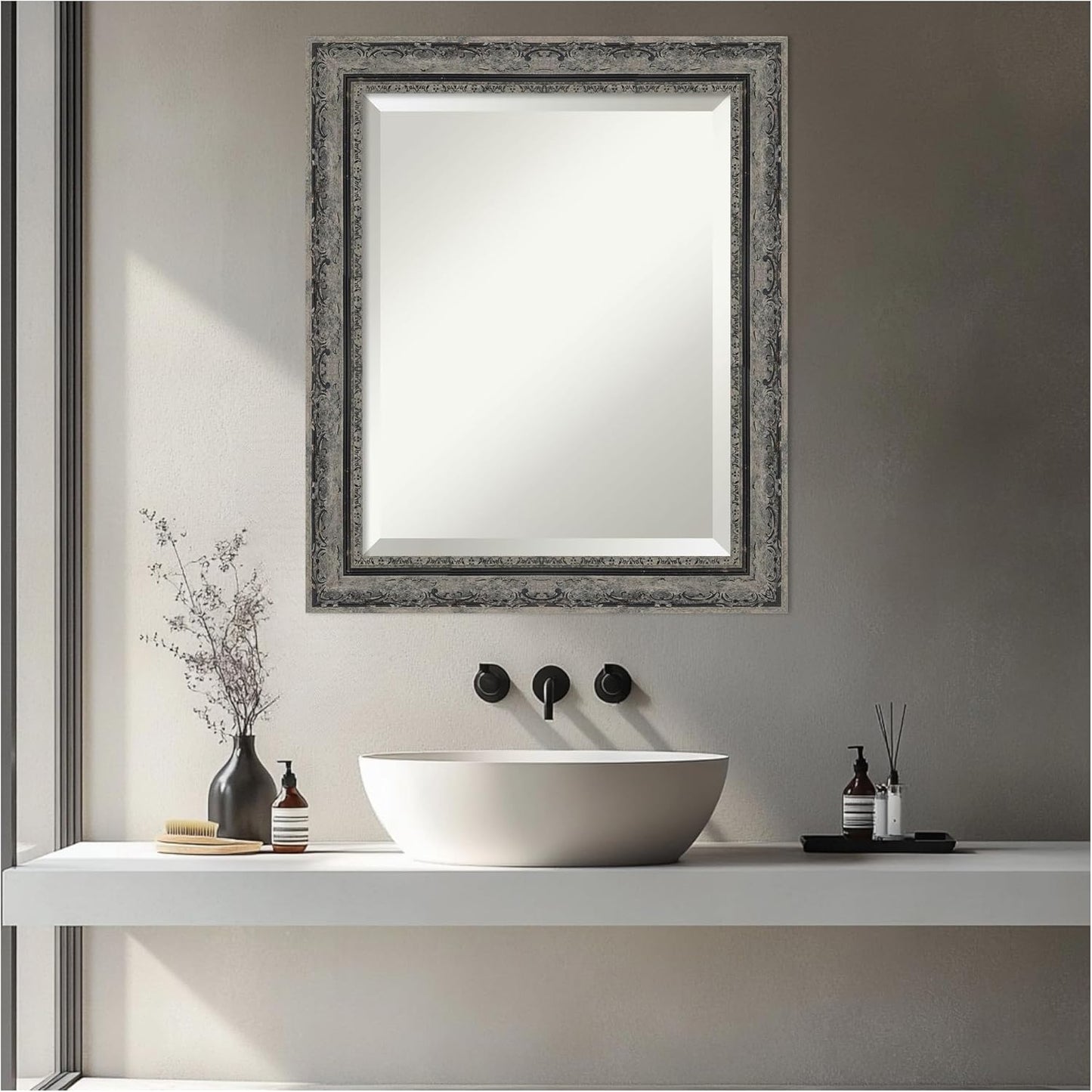 Amanti Art Bathroom Mirror for Over Sink, 25x21 Filigree Matte Black Rectangle Vanity Mirror, Small Traditional Frame, Hangs Horizonally and Vertically, Bathroom Wall Decor, Beveled Edge
