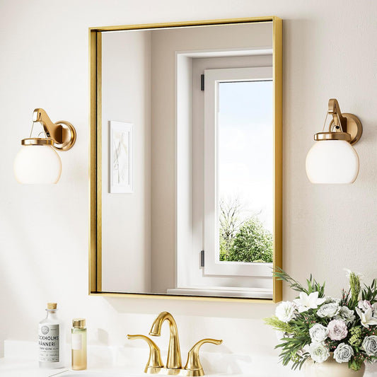 Keonjinn Brushed Shiny Gold Bathroom Mirror 22 x 30 Inch, Rectangle Gold Vanity Mirror for Wall, Aluminum Alloy Metal Framed, Modern Farmhouse, Square Corner, Brass Mirrors for Over Sink