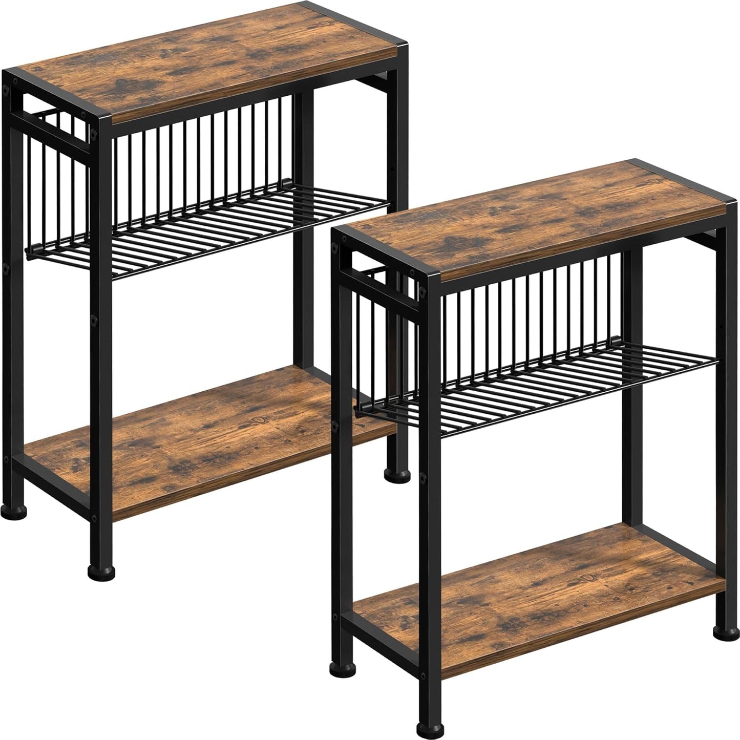 Small Side Table Set of 2 for Small Space, 3-Tier Narrow End Table with Magazine Holder, Slim Nightstand, Skinny Snack Couch Table in Living Room, Bedroom and Balcony (Rustic Brown &Black)