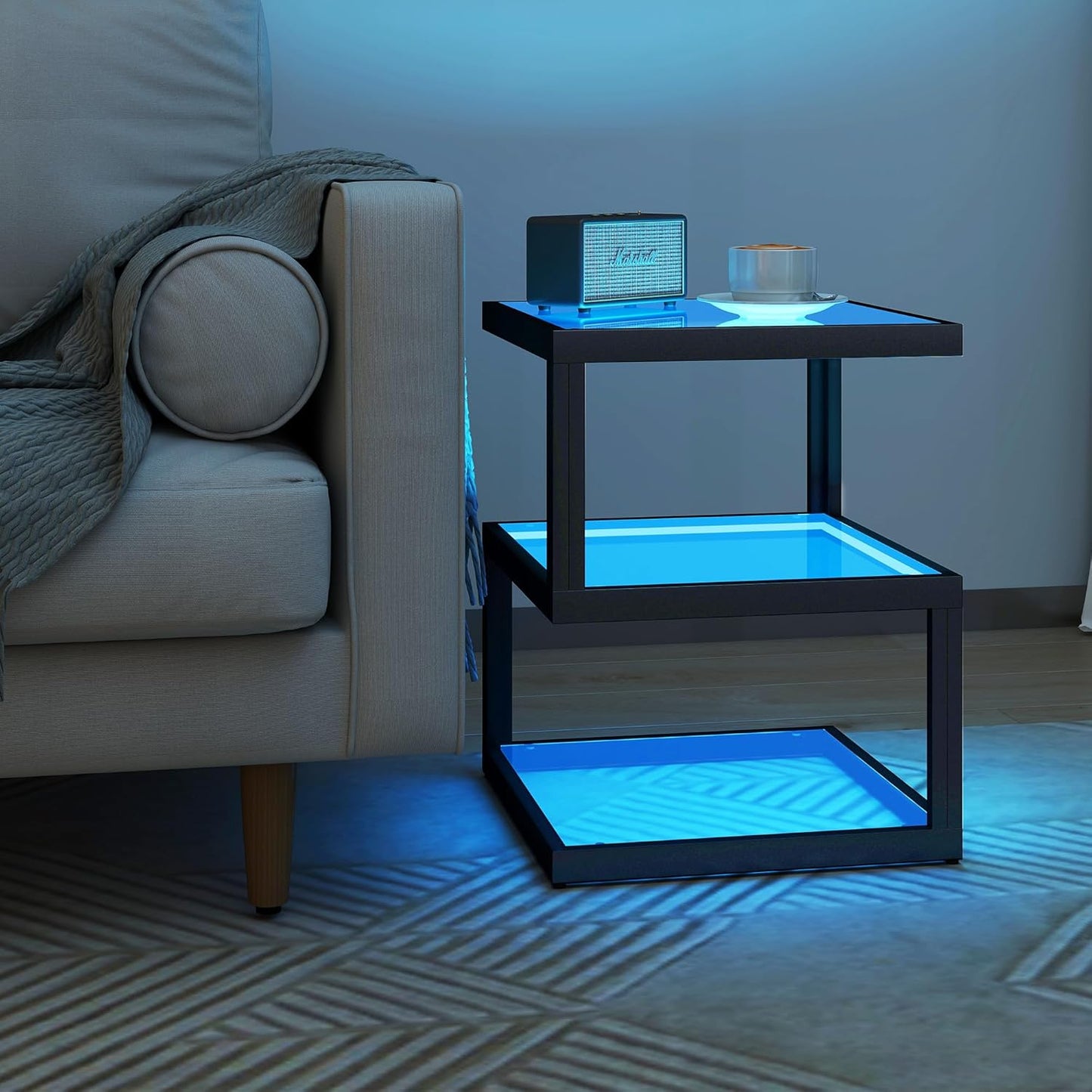 3-Tier Glass Table with LED Strip, Unique S-Shaped Design SideTable, Moderen Black Deco Table for Living Room and Bedside Room