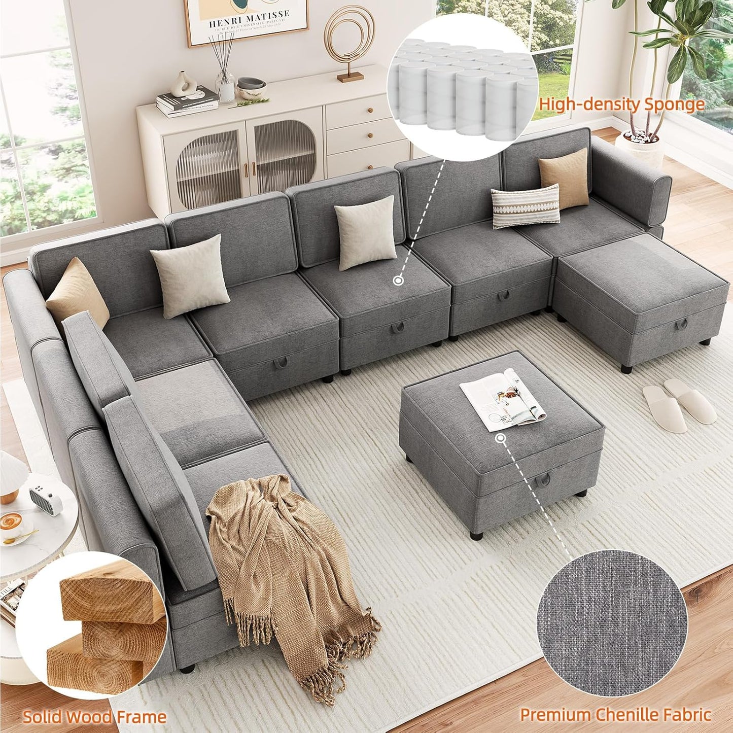 GAOMON 139.4" Chenille Reversible Sectional Sofa, 9-Seater Modular Sectional Sofa, Comfy Sectional Sleeper Sofa Couch with Chaise, U-Shape Modular Couch with Storage Seats & Ottomans, Grey