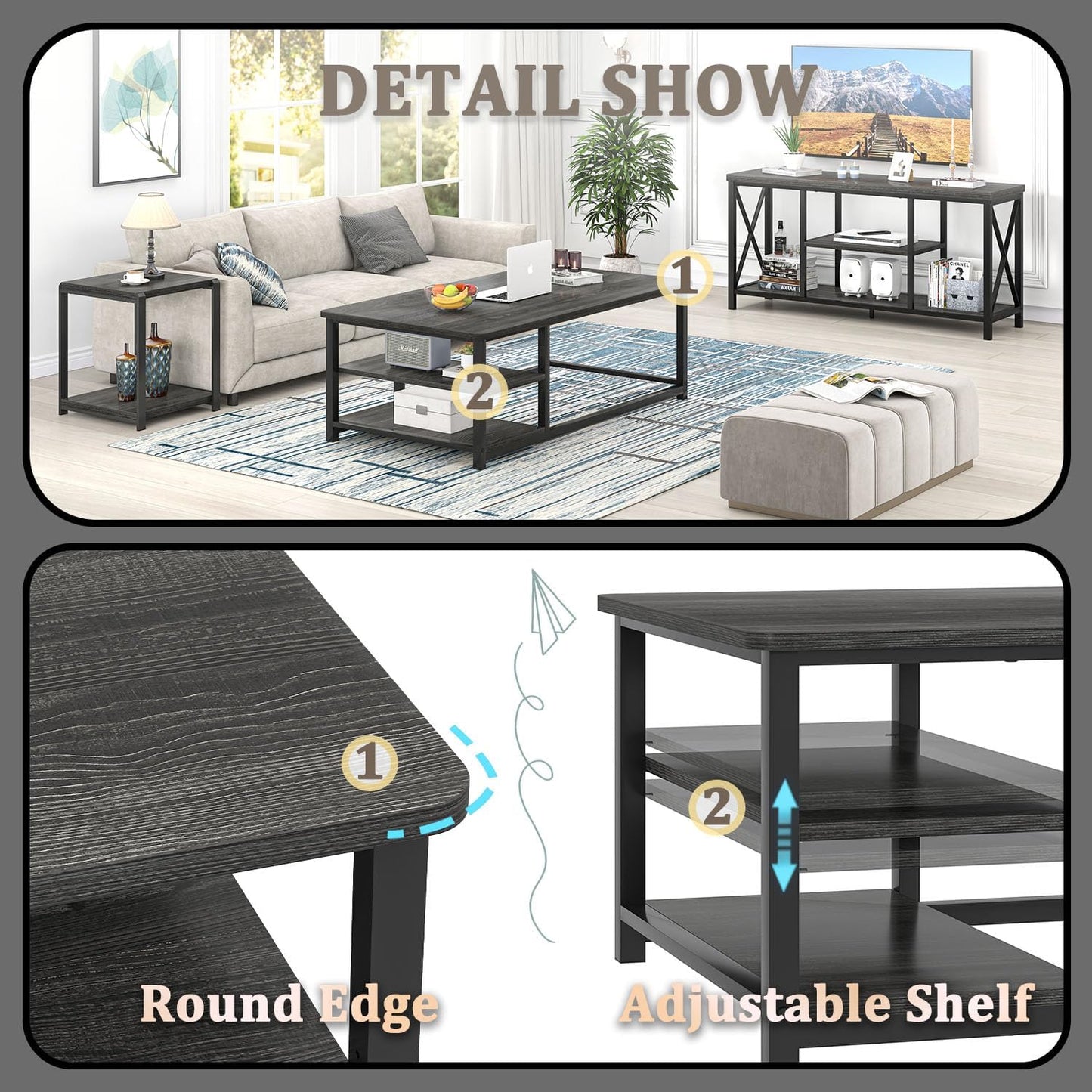 EXCEFUR Coffee Table, Rustic Wood and Metal Living Room Table with Adjustable Storage Shelf, Dark Grey, 47 Inch