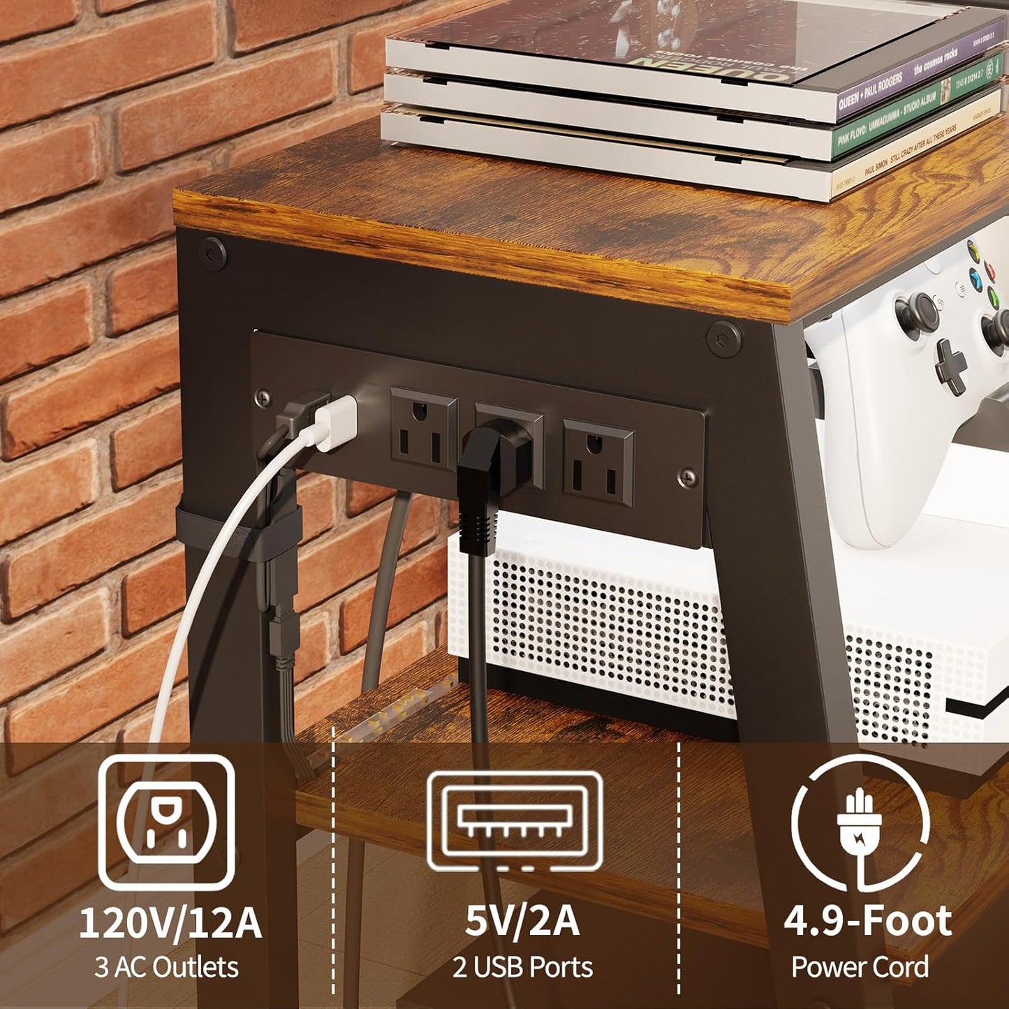 4-Tier AV Media Stand with Power Strips, Heavy Duty Stereo Cabinet Stand with LED Lights, Wooden Record Player Stand with 2 Hooks, Audio Stand Furniture Perfect for DVD Player/Game Console/TV Box/Xbox