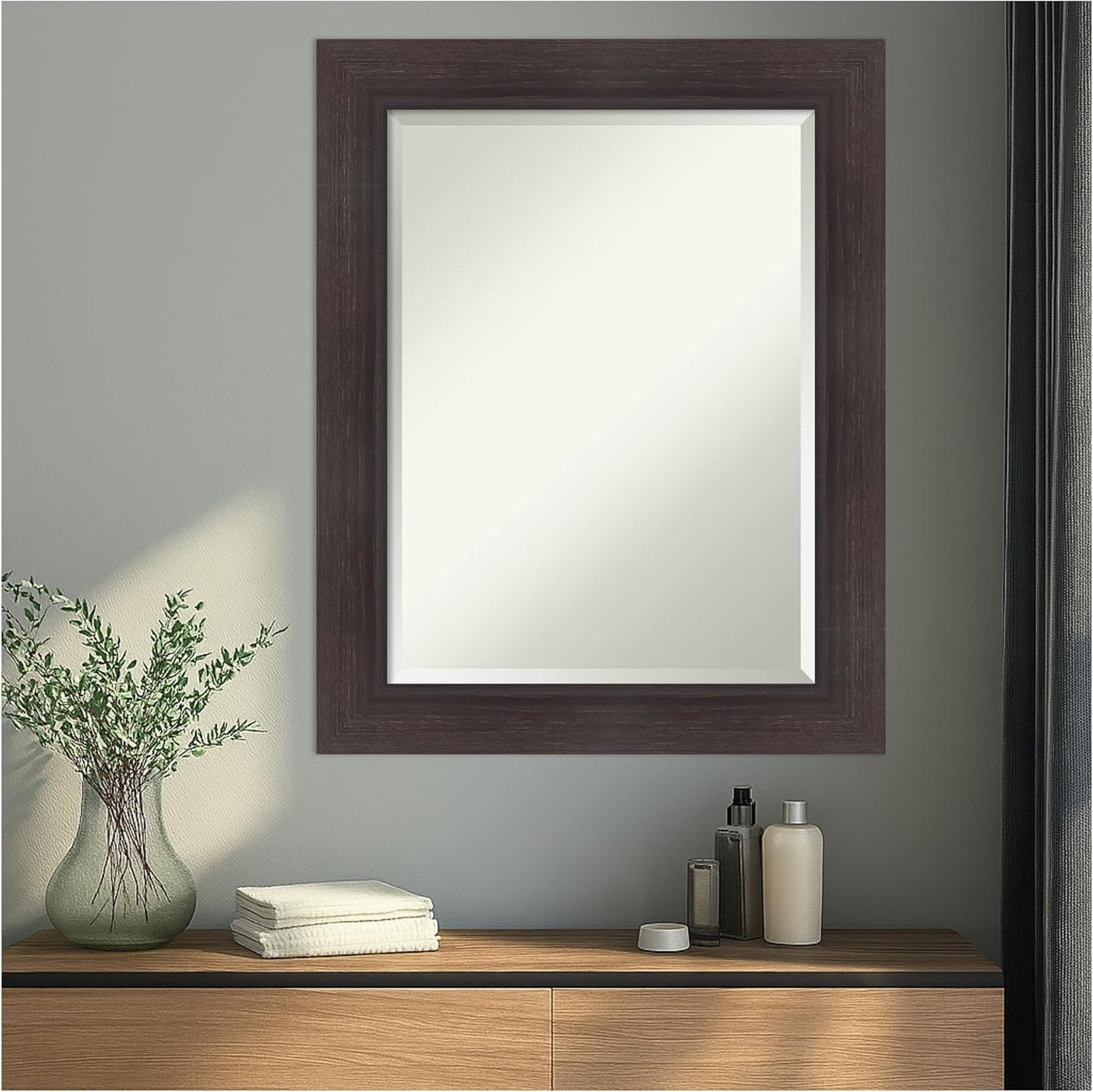 Amanti Art Brown Wall Mirror 30x24 Sloped Espresso Rectangle Bathroom Mirror for Wall Decor Living Room, Medium Modern Frame, Hangs Horizonally and Vertically, Bathroom Decor, Beveled Edge