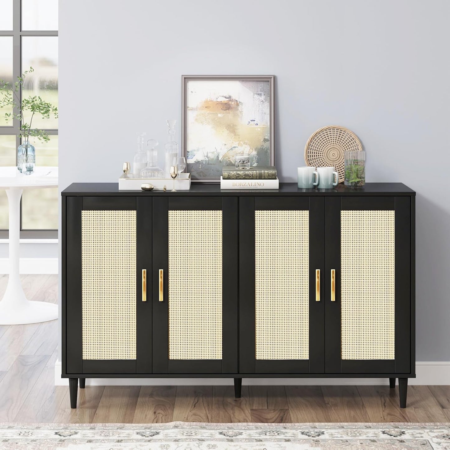 Buffet Sideboard,Kitchen Storage Cabinet with 4 Rattan Decorated Doors,Coffee Bar Cabinet with Adjustable Shelves for Living Room,Hallway,Black