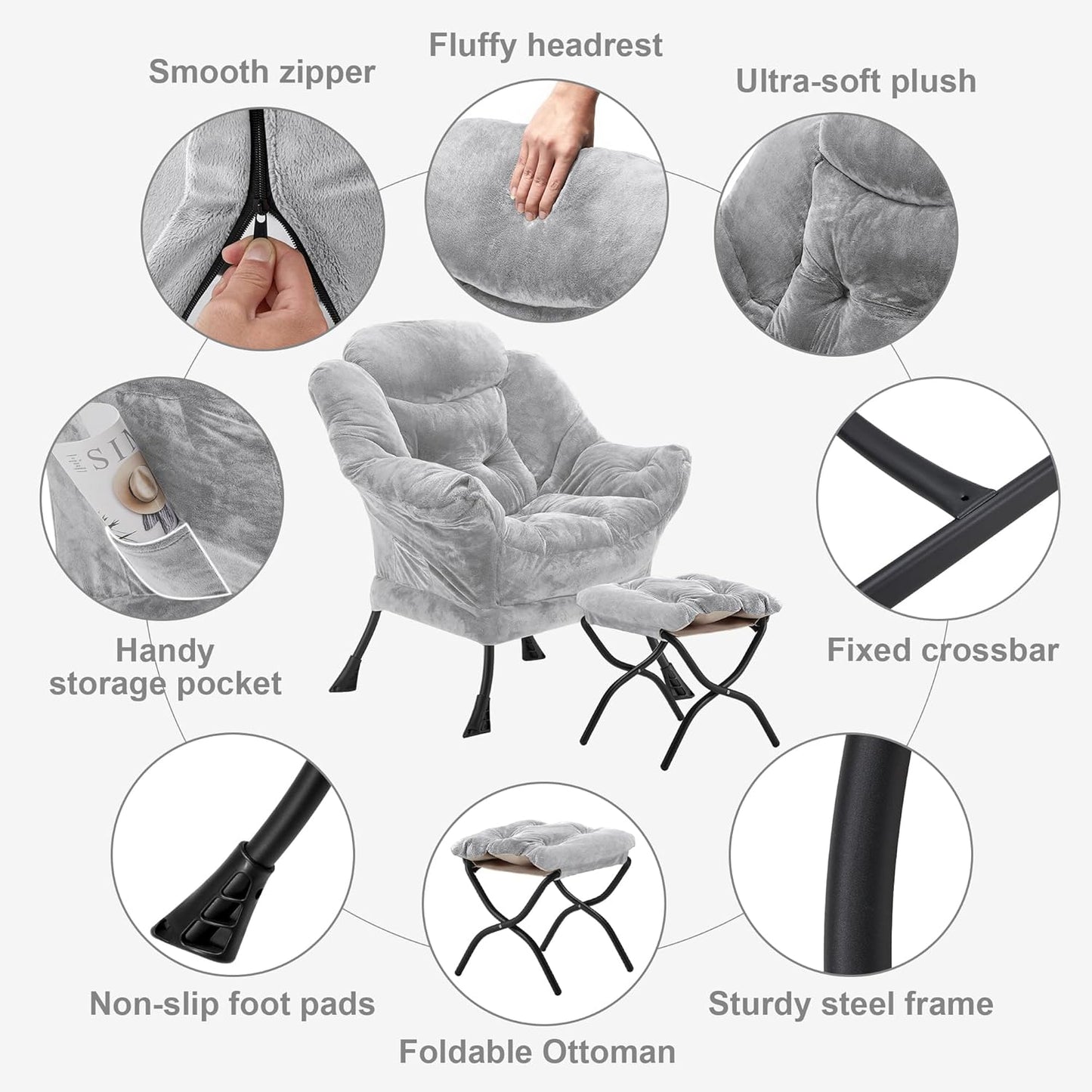 Fabric Lazy Chair with Ottoman, Oversized Upholstered Sofa Chair for Adults, Plush Comfy Lounge Chair with Large Side Storage Pocket, Reading Chair for Living Room, Bedroom, Dorm, Light Gray
