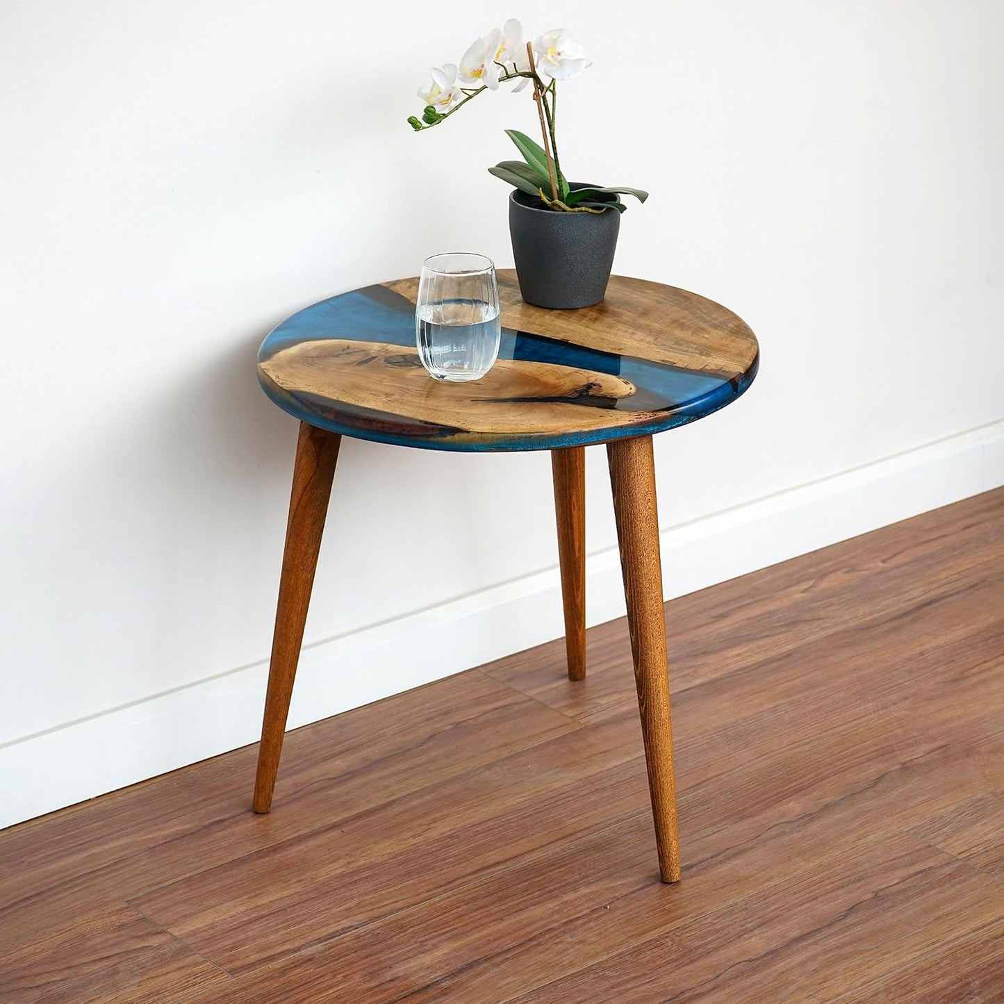 20" Resin Walnut Round Side Table | Epoxy End Table | Coffee Table | Mid Century Modern Resin Walnut | Living Room Furniture | Blue Color