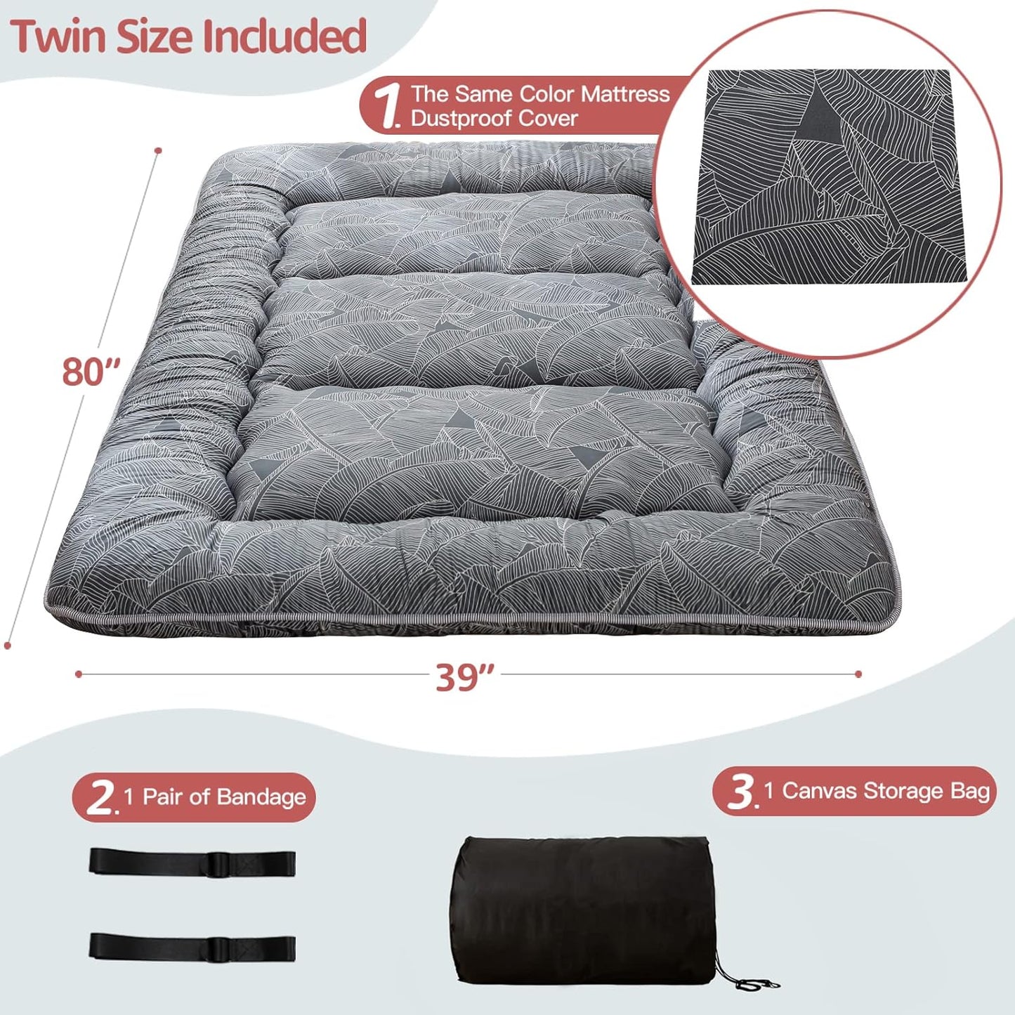 MAXYOYO Japanese Floor Mattress Futon Mattress, 4" Thicken Tatami Mat Sleeping Pad Foldable Roll Up Mat Boys Girls Dormitory Pad Kids Floor Lounger Pillow Bed, Charcoal Grey, Queen Size