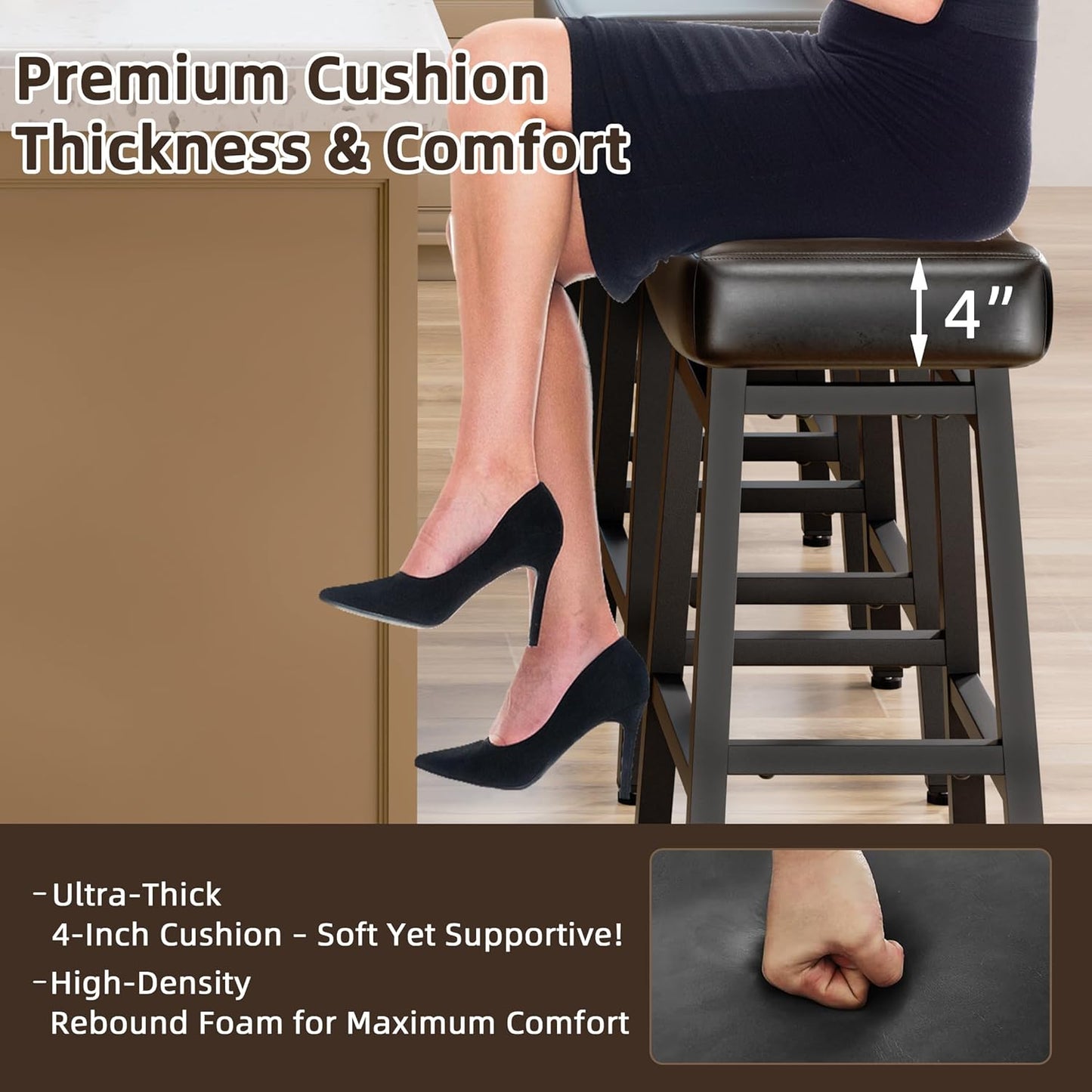 Counter Height Bar Stools Set of 2, 24 Inch Backless BarStools for Kitchen Island Leather Saddle Bar Chairs Kitchen Stools with 4" Thick Seats & Heavy Duty Metal Base, Black