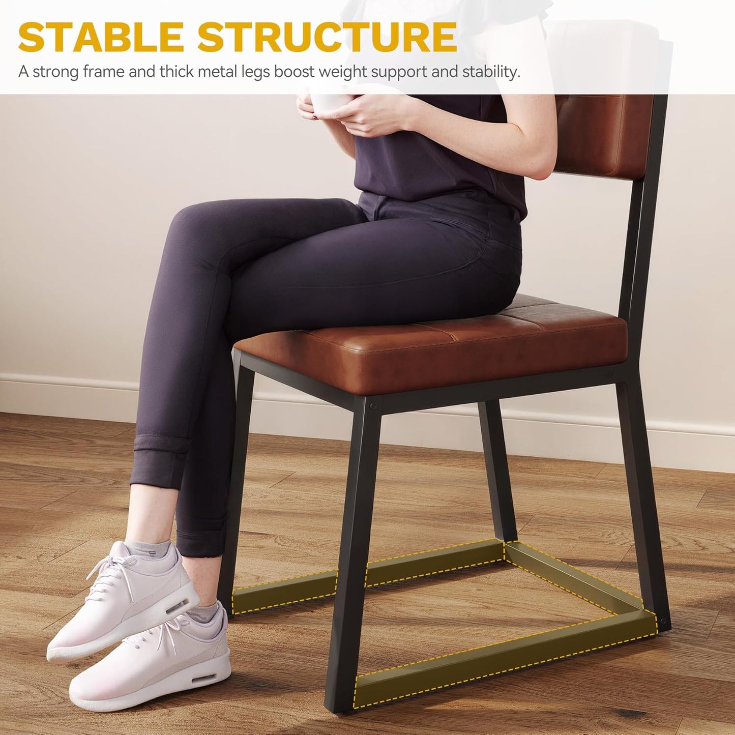 DWVO Modern Dining Chairs Set of 4 Brown Upholstered Kitchen Chairs with Faux Leather Cushion Seat and Heavy Duty Metal Leg for Kitchen Living Room Restaurant, Brown