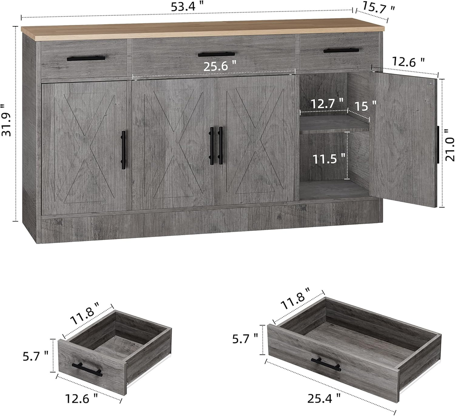 Shintenchi Sideboard Buffet Cabinet with Storage,53.4" Large Kitchen Buffet Storage Cabinet with 3 Drawers and 4 Doors,Wood Farmhouse Sideboard with Adjustable Shelf for Kitchen, Living Room,Grey